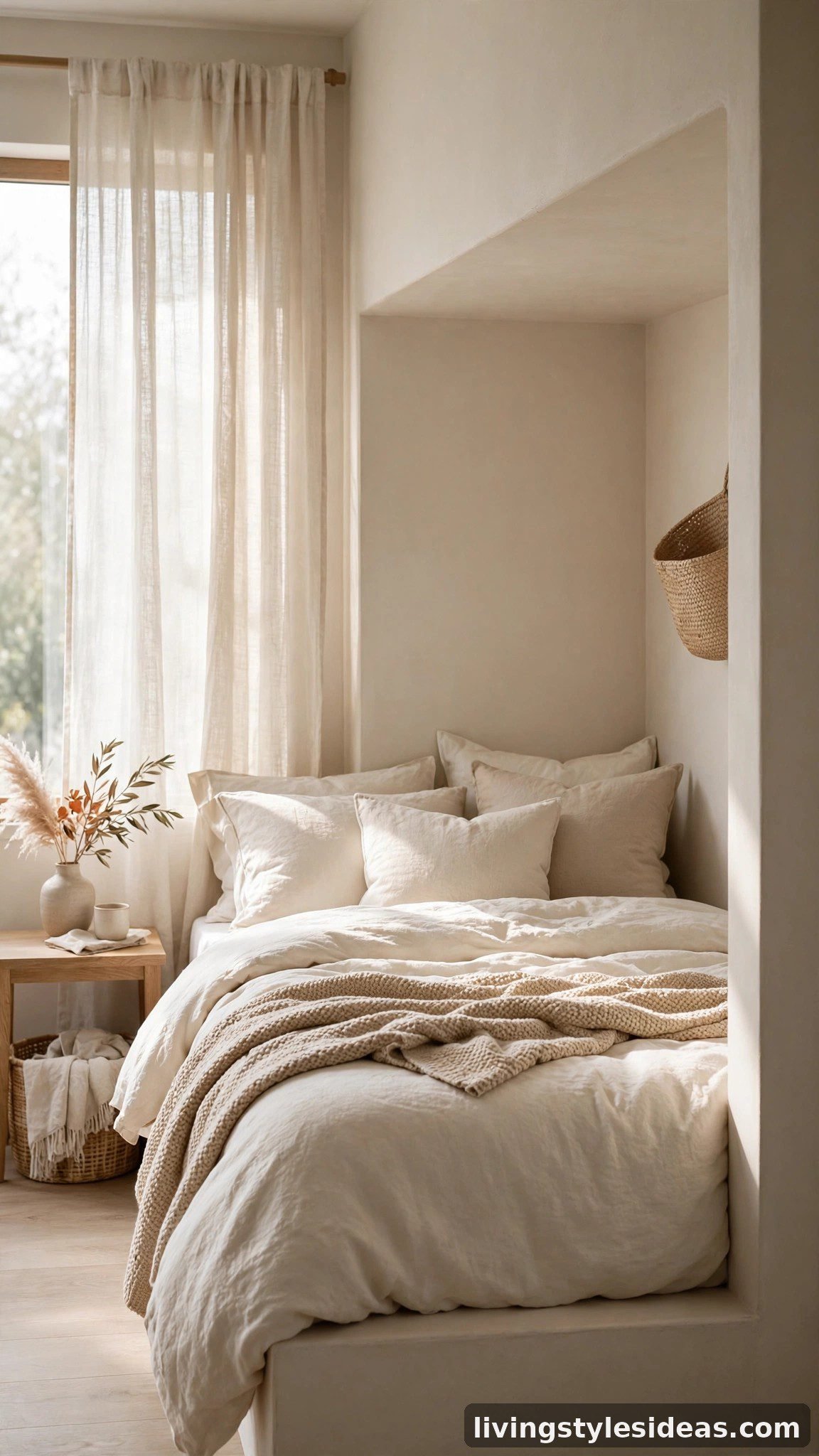 Serene studio apartment bedroom area in a quiet warm ivory and linen neutral palette