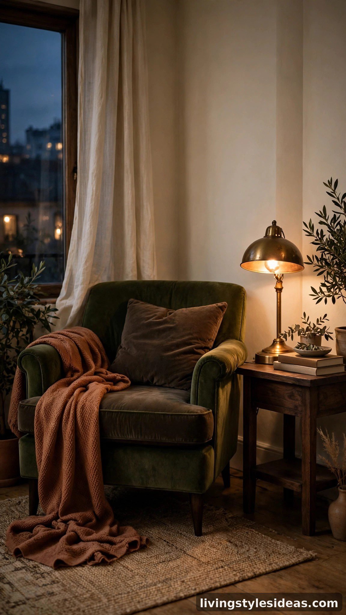 Cozy studio apartment corner anchored by a deep olive green reading chair and espresso cushion