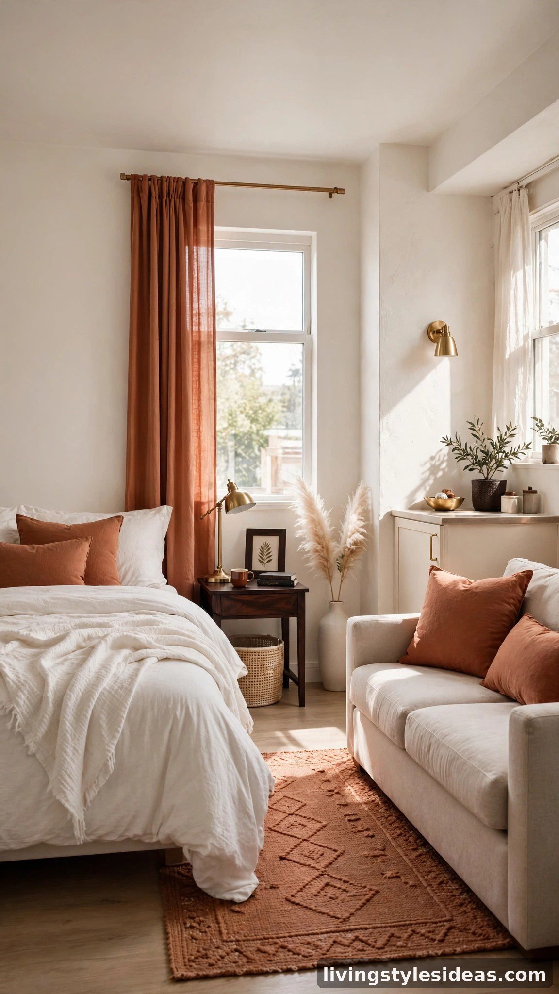 Balanced studio apartment showing the 60-30-10 color rule with neutral walls, terracotta textiles and deep accents