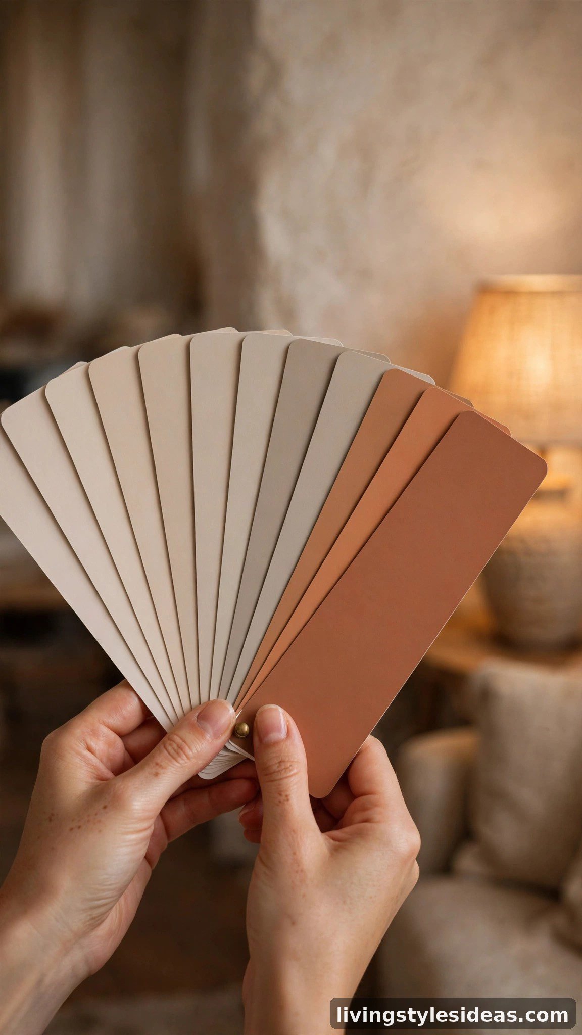Hands holding warm neutral paint swatches against a studio wall beside a glowing evening lamp