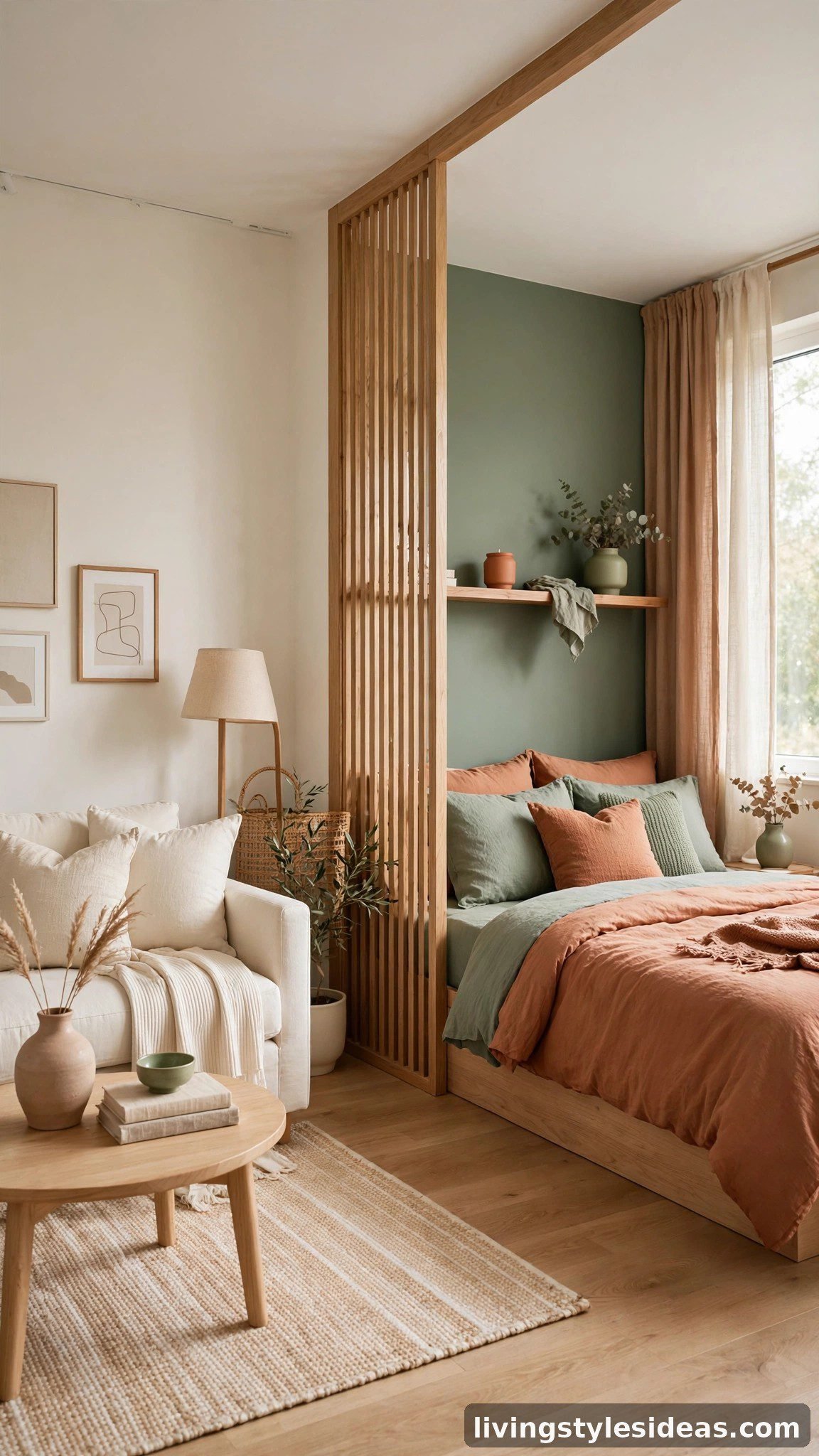 Studio apartment zoned with color, with a brighter living area and a deeper-toned cozy sleeping nook