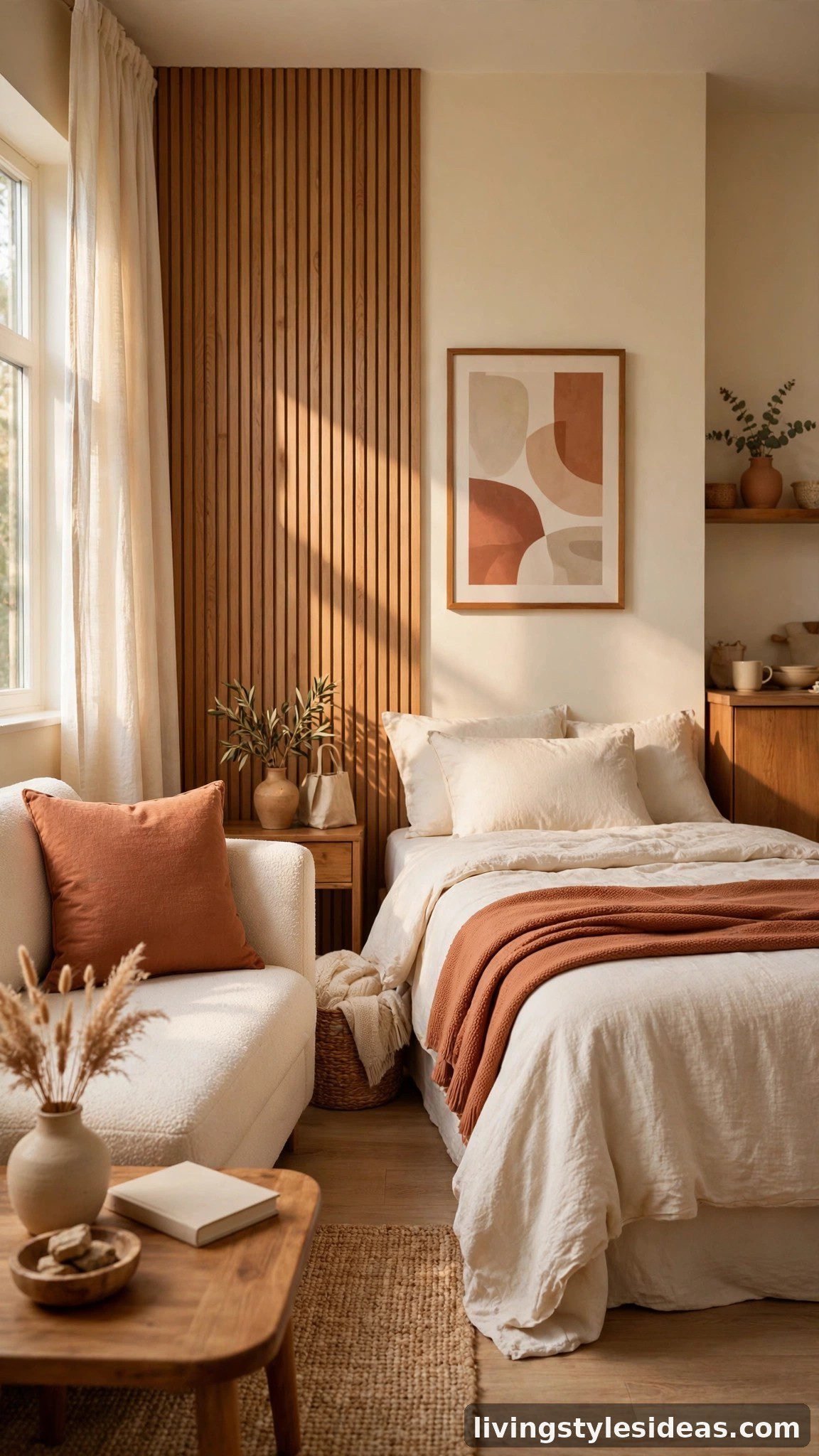 Studio apartment where terracotta repeats in the cushion, throw and artwork for a cohesive palette