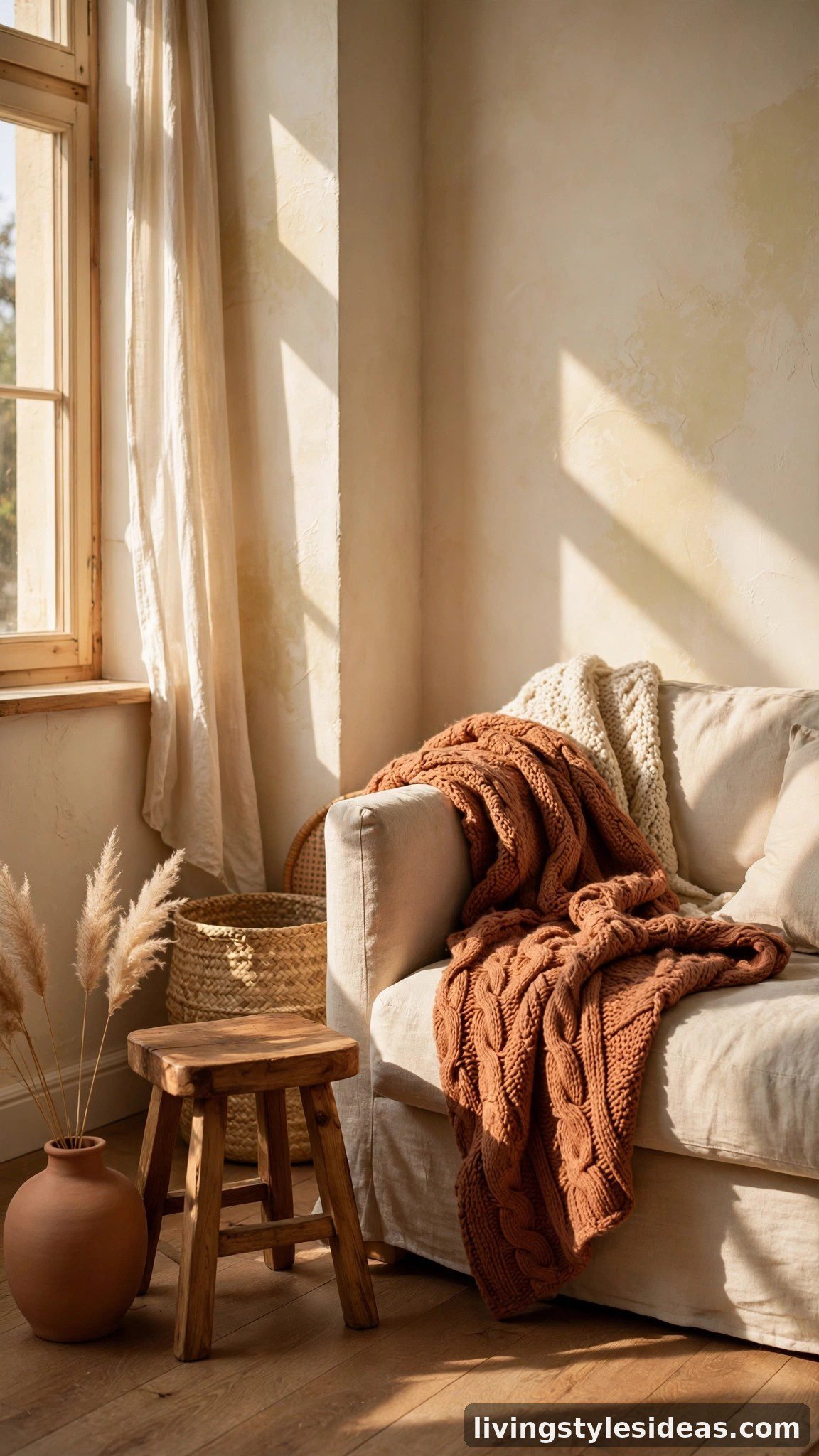 Textured cozy studio corner with a chunky knit throw, linen cushions and a woven basket