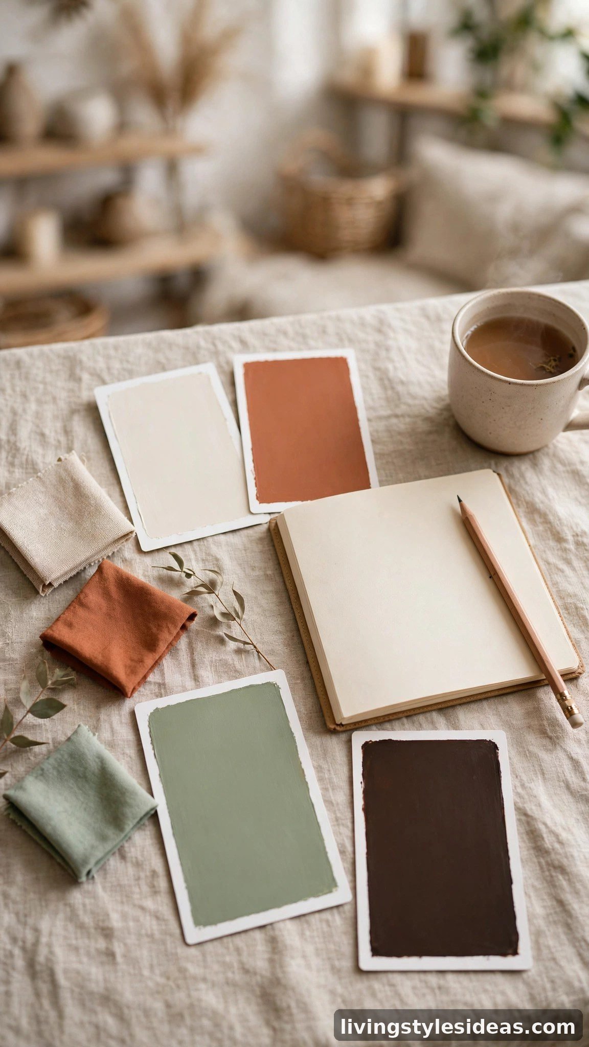 Flat lay of paint swatches, fabric samples and a palette shopping list for a studio apartment