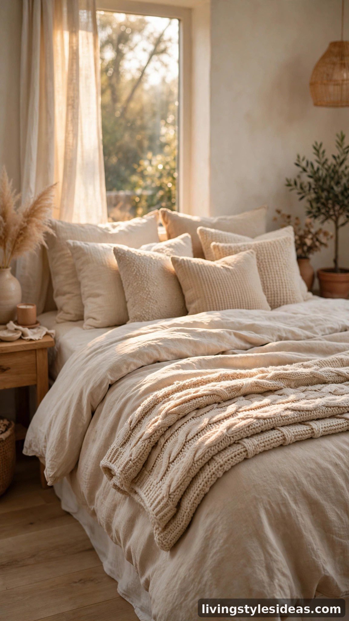 Plush layered bedding in soft neutrals on a cozy studio bed