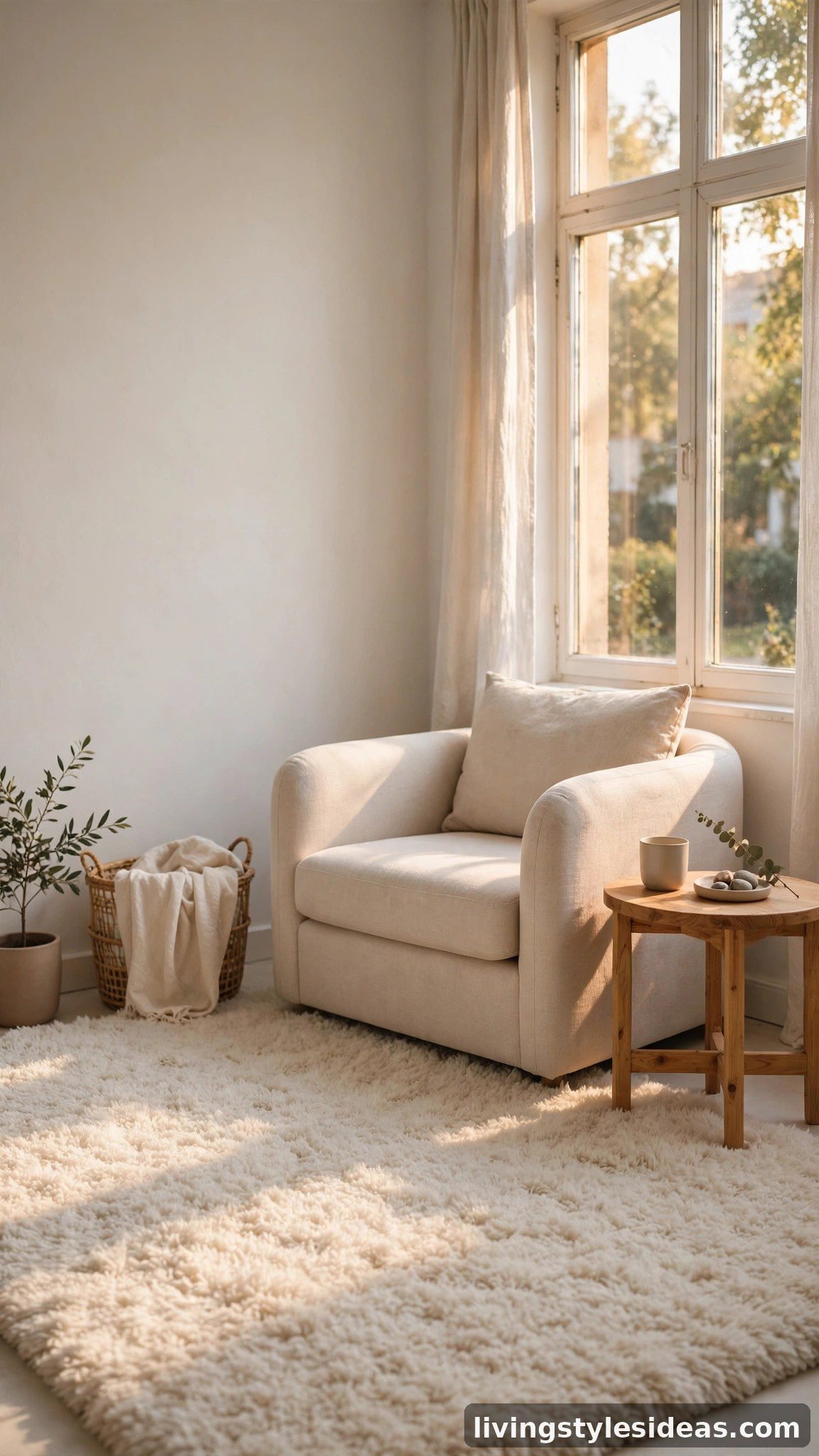 Soft cream area rug grounding a calm studio living area