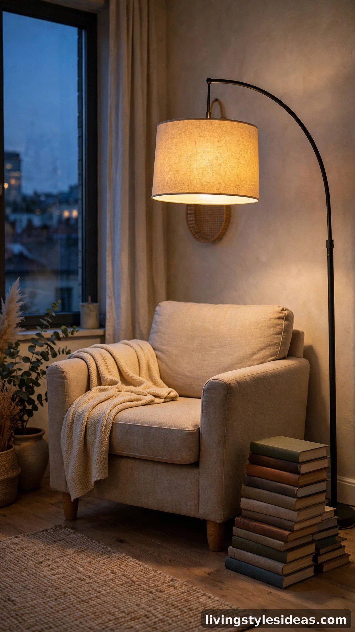 Warm glowing floor lamp in a cozy studio corner at dusk