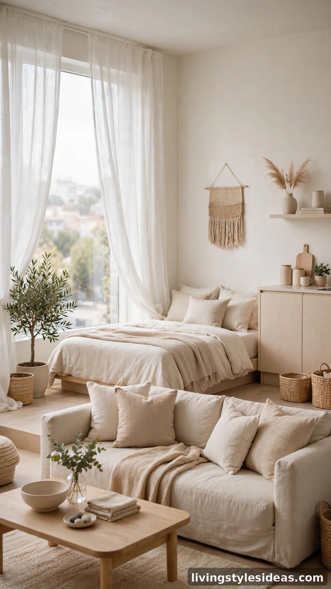 Calm neutral color palette in a serene studio apartment