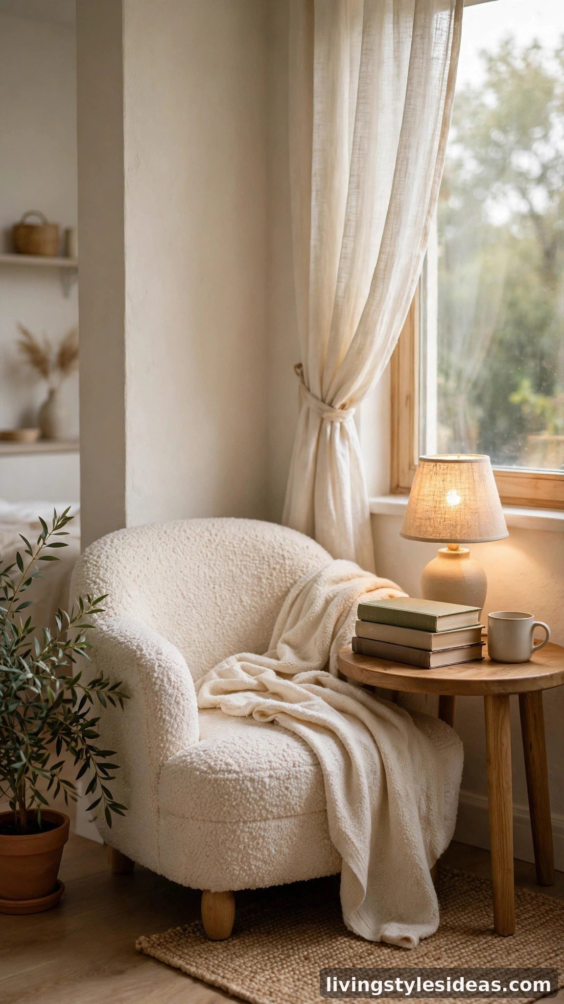 Cozy reading nook with armchair and throw in a studio apartment