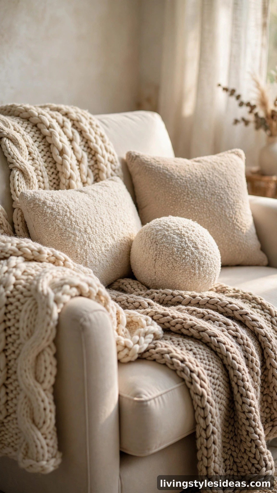 Chunky knit throws draped over a studio sofa and chair