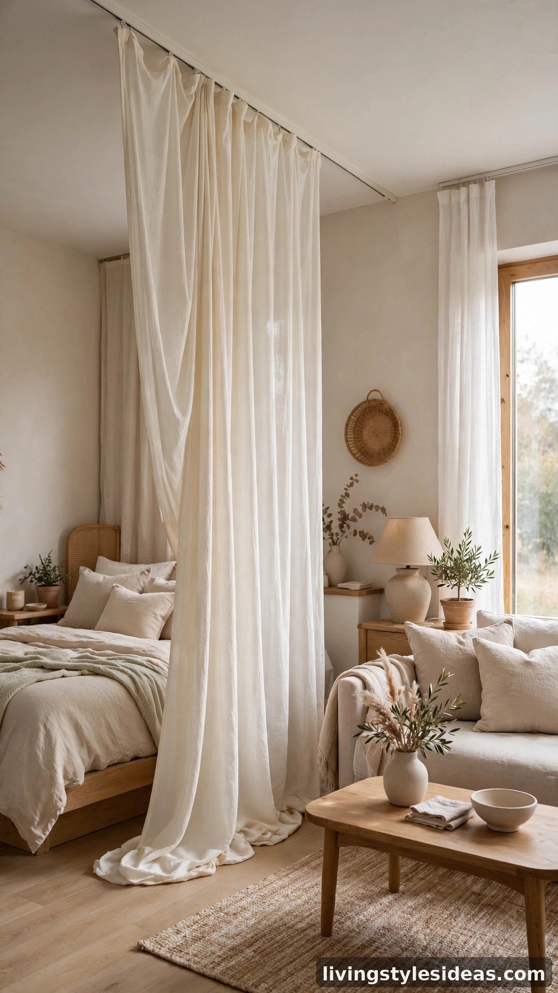 Flowing fabric curtain divider creating zones in a studio