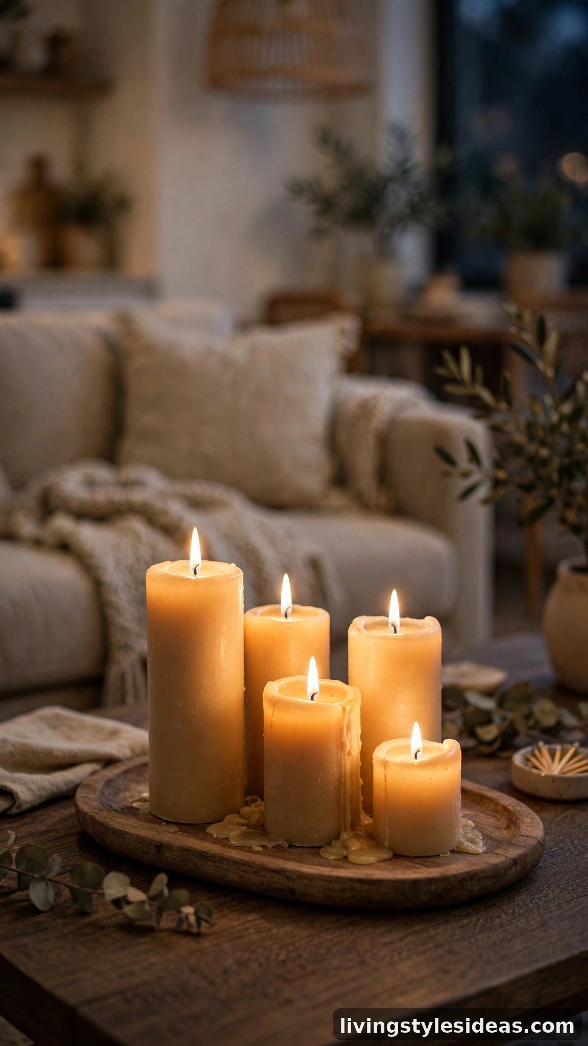 Candles glowing softly in a calm studio apartment evening