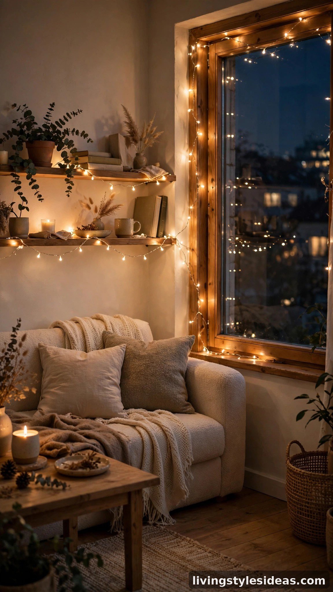 Warm fairy lights strung softly in a cozy studio