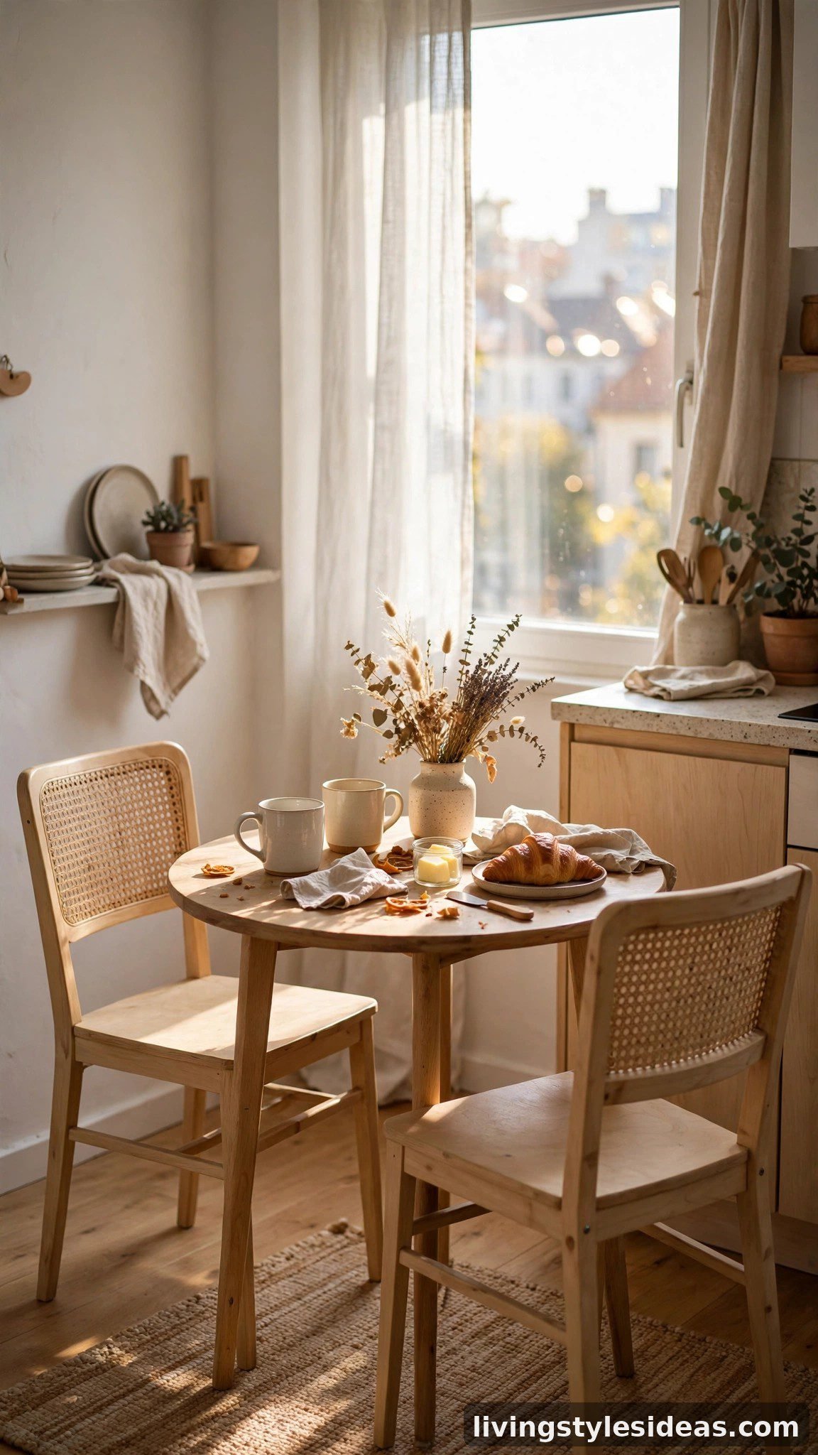 Cozy breakfast corner with small bistro table in a studio