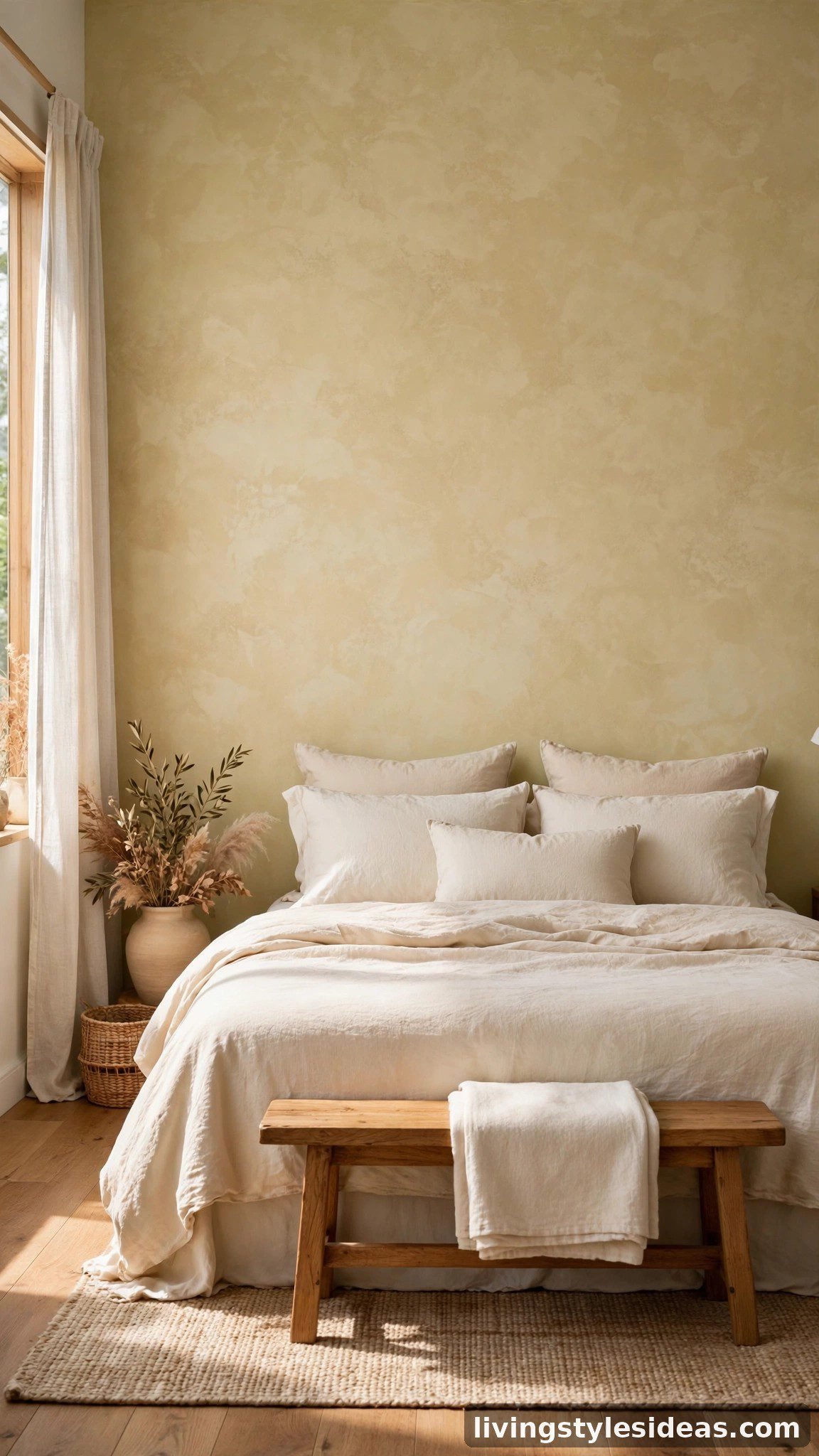 Subtle limewash texture on a studio apartment accent wall