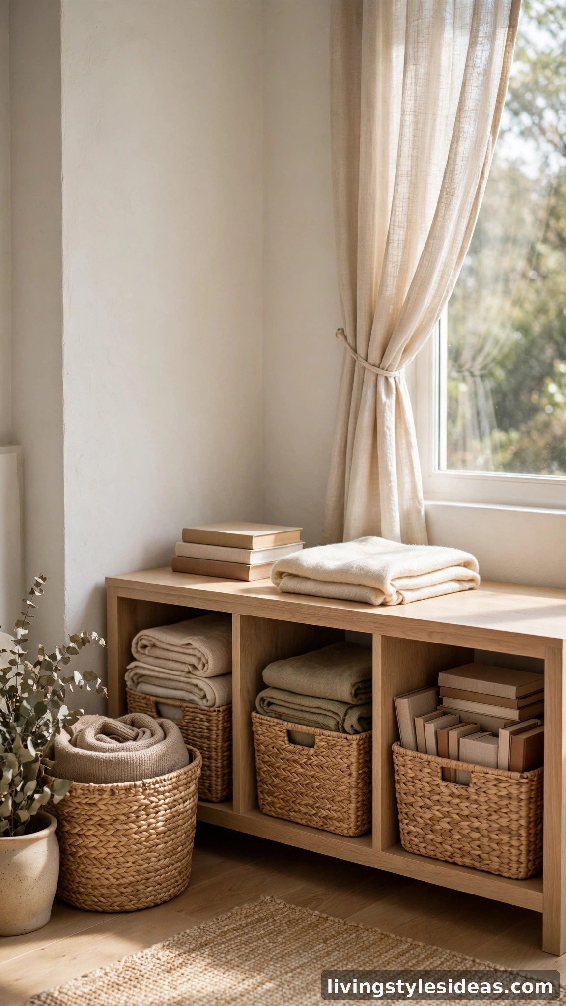 Beautiful woven storage baskets keeping a studio clutter-free