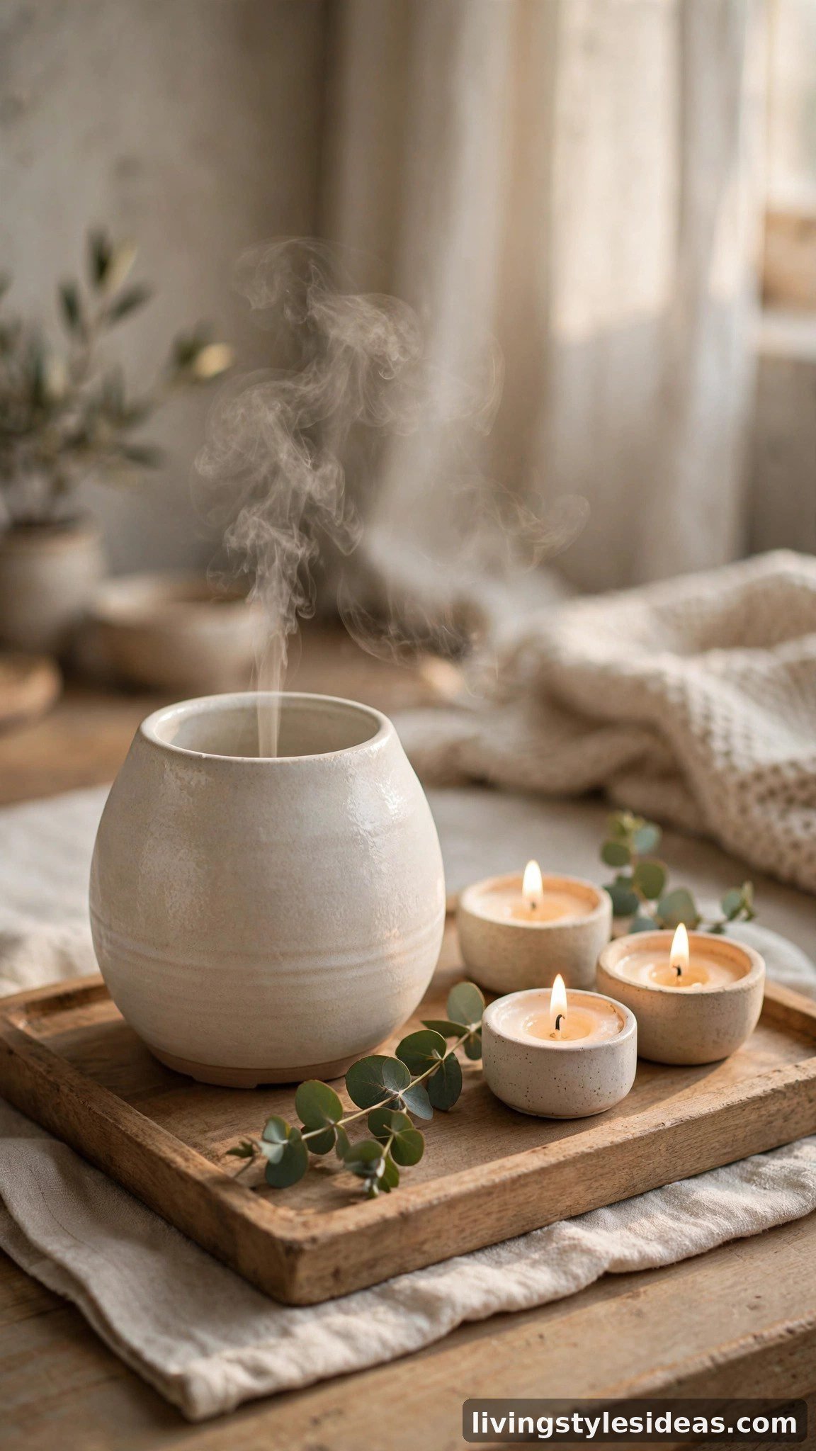 Essential oil diffuser and candles creating a calming studio scent