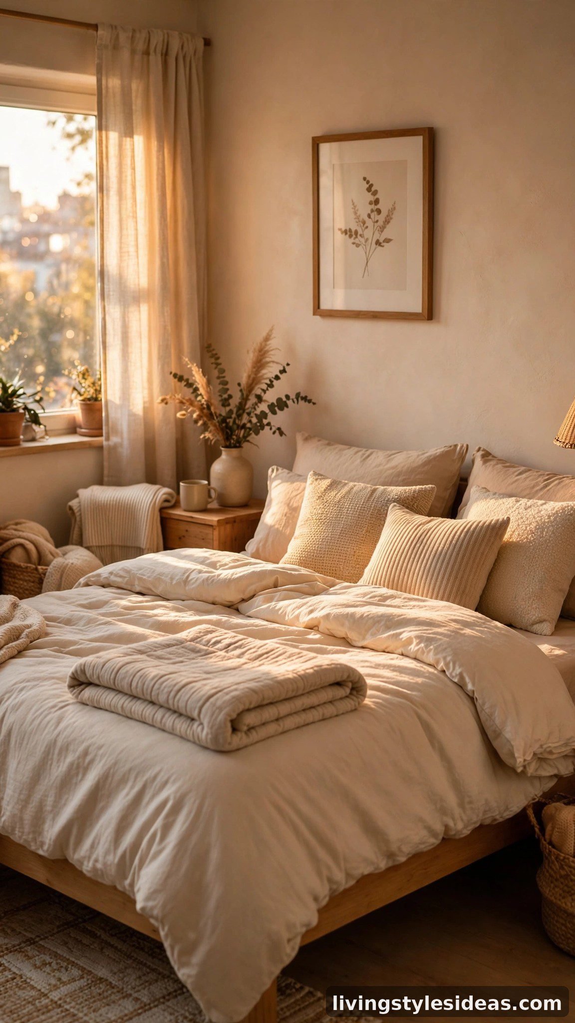 Cozy studio apartment bedroom with layered cream and beige bedding on a warm inviting bed