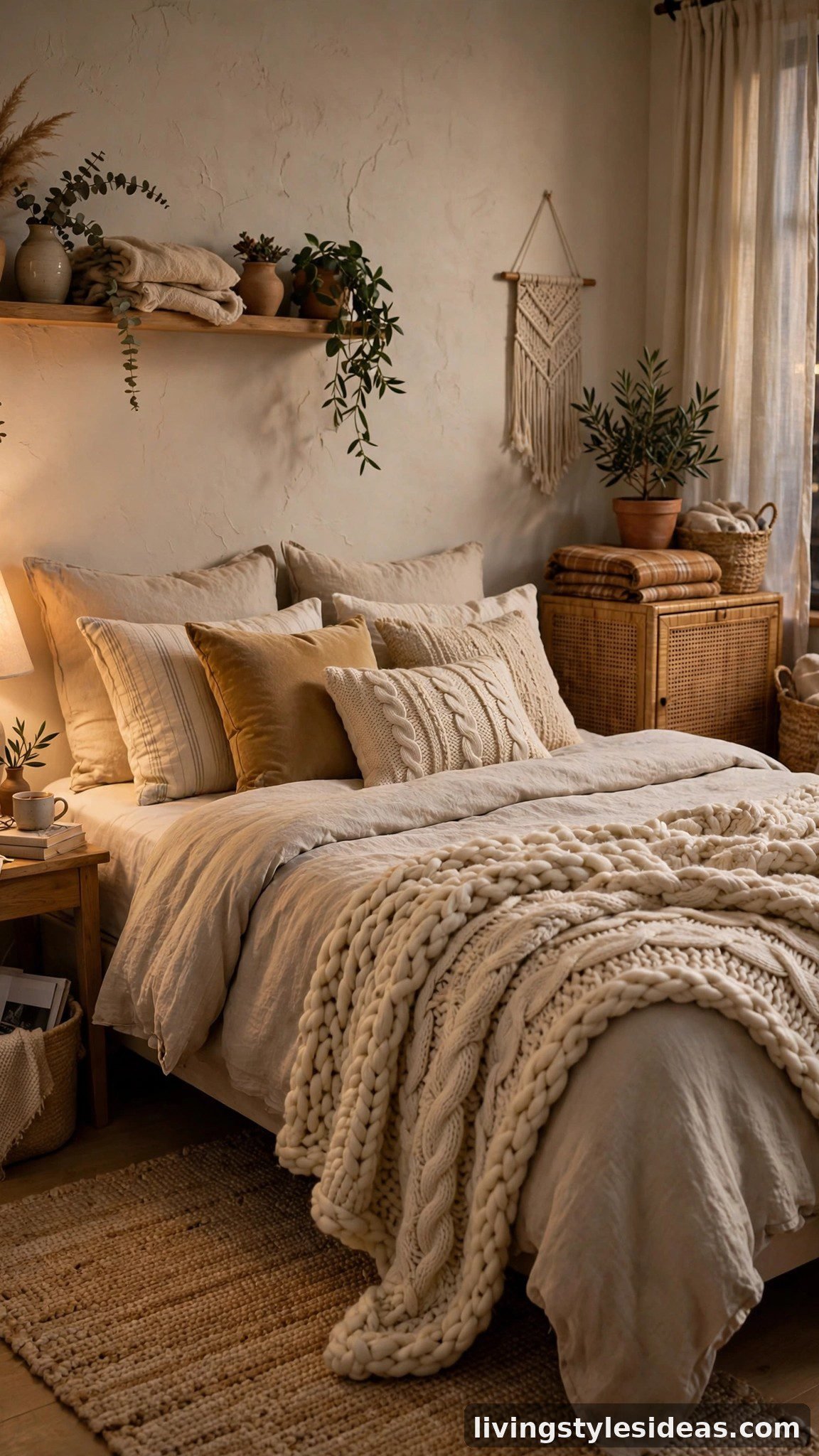 Cozy studio bed with a chunky knit throw blanket draped across the foot in warm cream tones