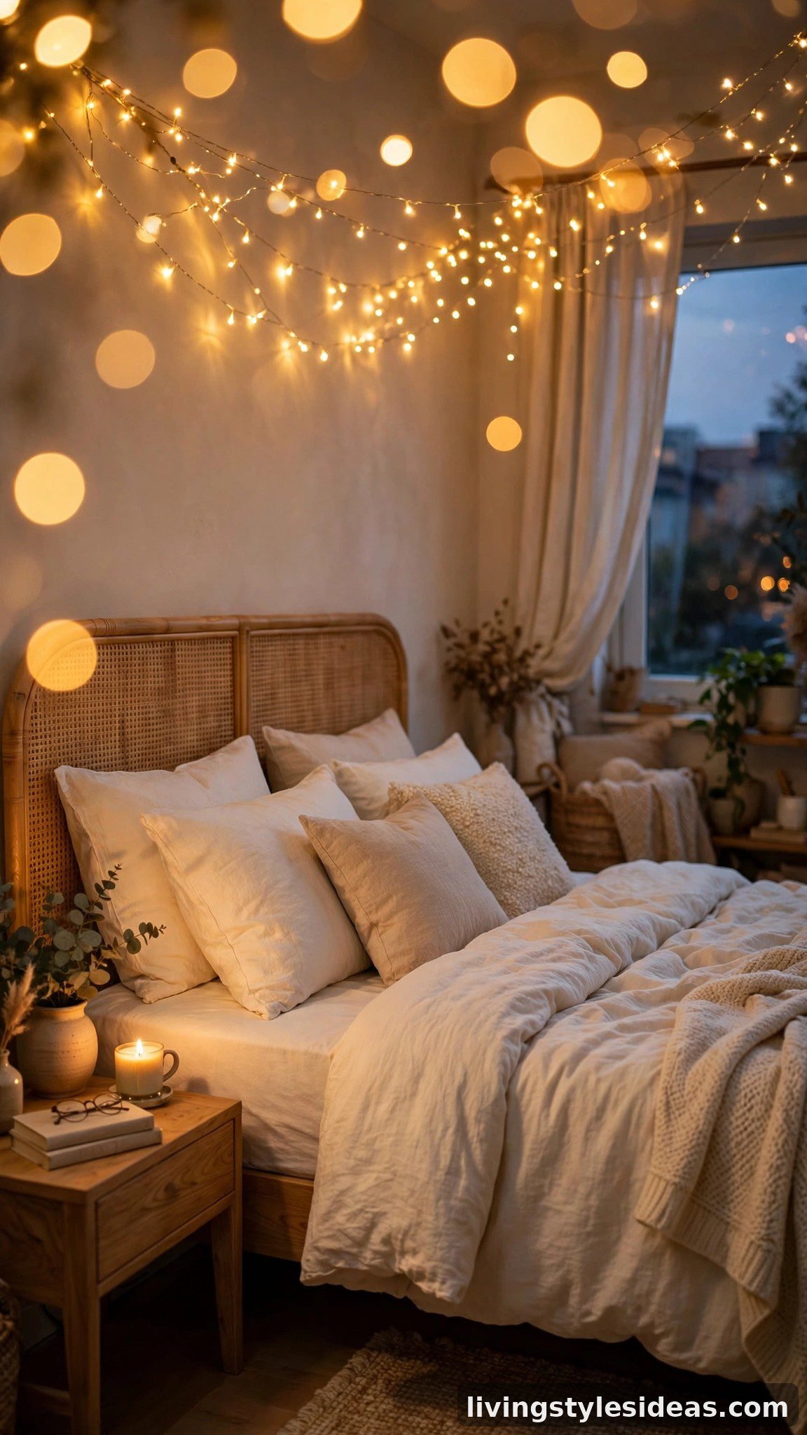 Cozy studio bedroom corner with warm fairy string lights glowing above a soft bed
