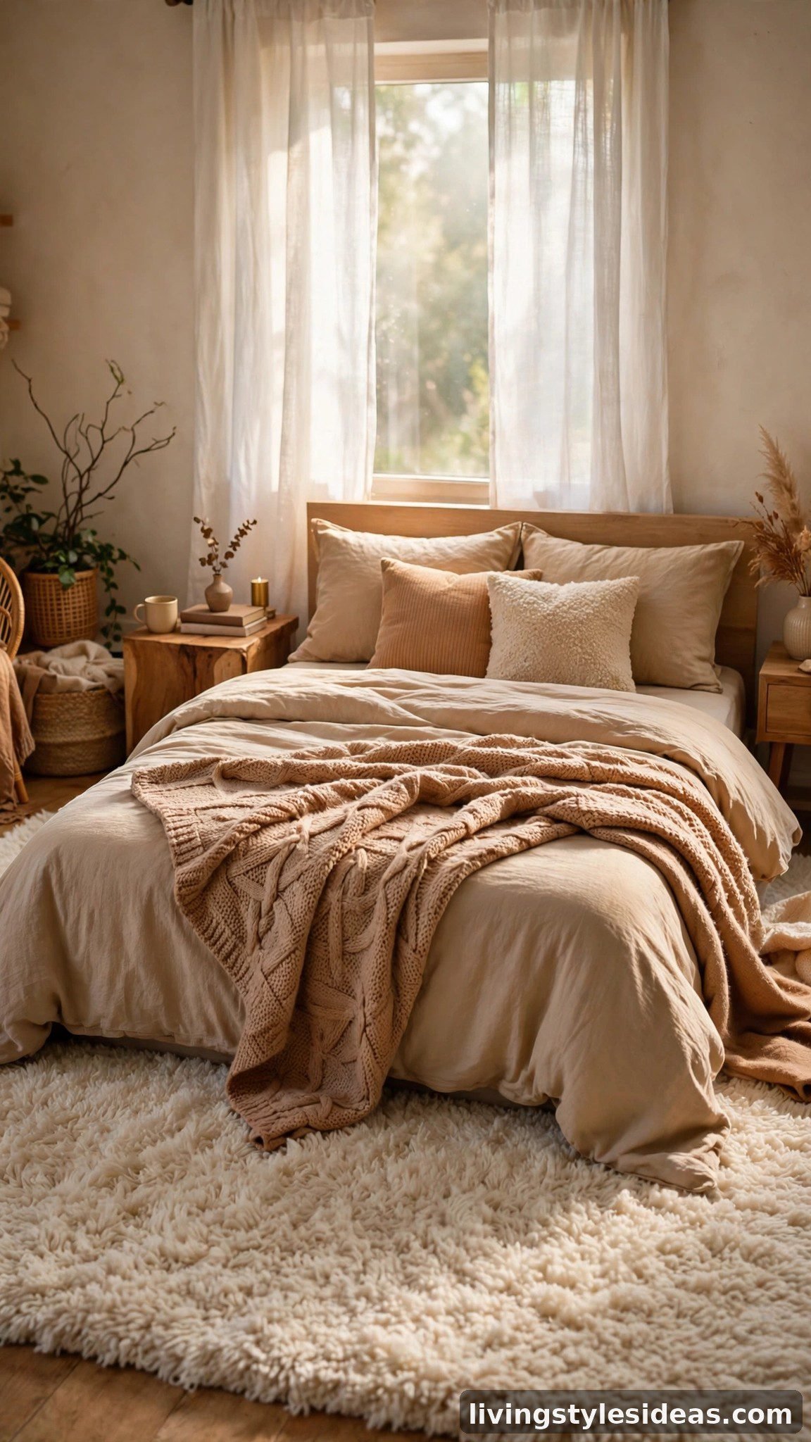 Cozy studio bedroom with a plush high-pile ivory rug under and around the bed