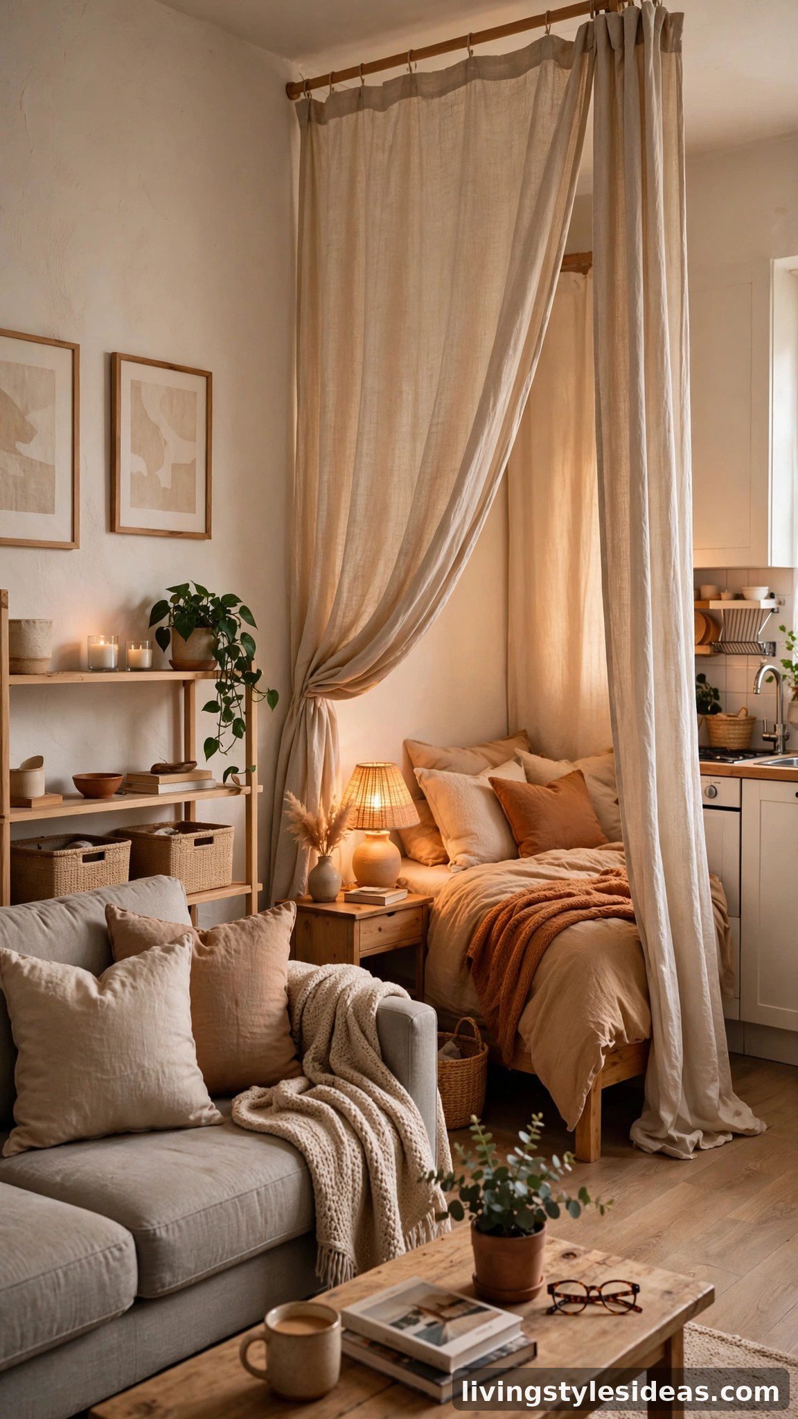 Cozy studio apartment with a soft linen curtain divider creating a private bedroom nook