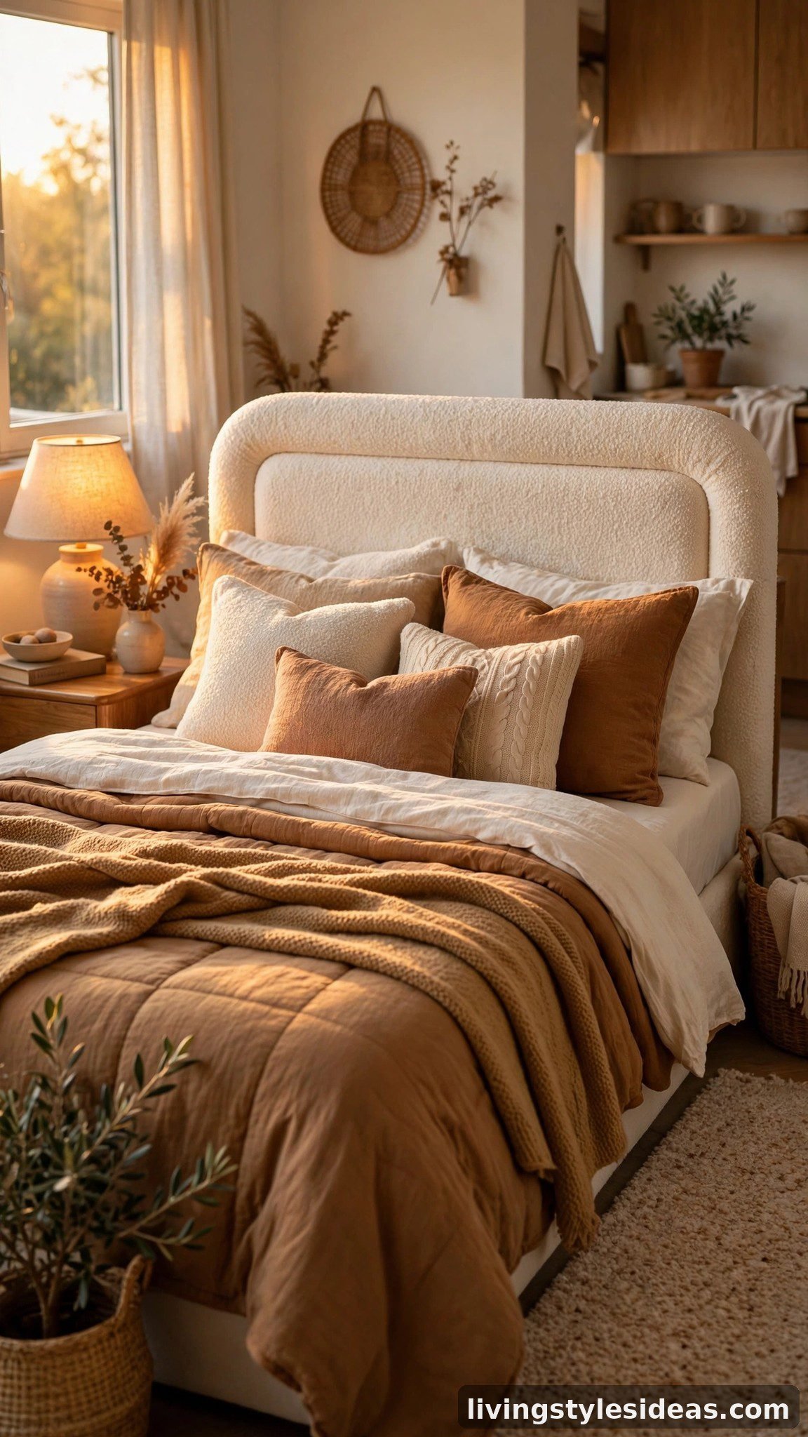 Cozy studio bed with a padded boucle upholstered headboard and layered warm bedding