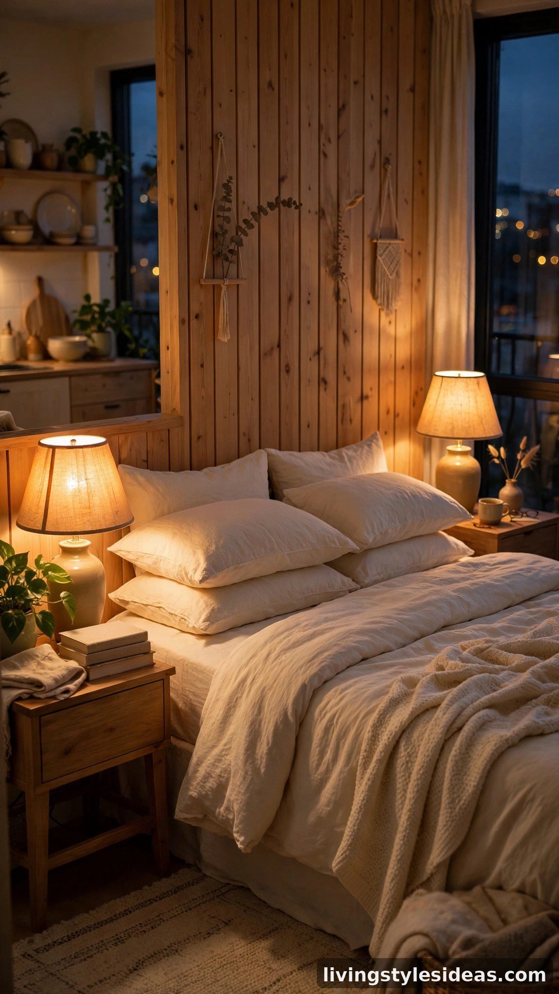 Cozy studio bedroom with matching bedside lamps casting a warm golden glow