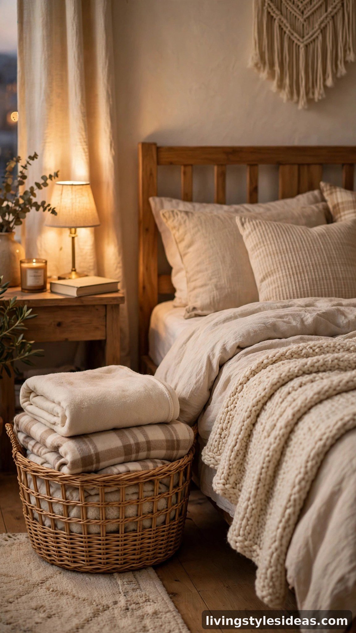 Cozy studio bedroom with folded fleece and flannel blankets in a woven basket beside the bed