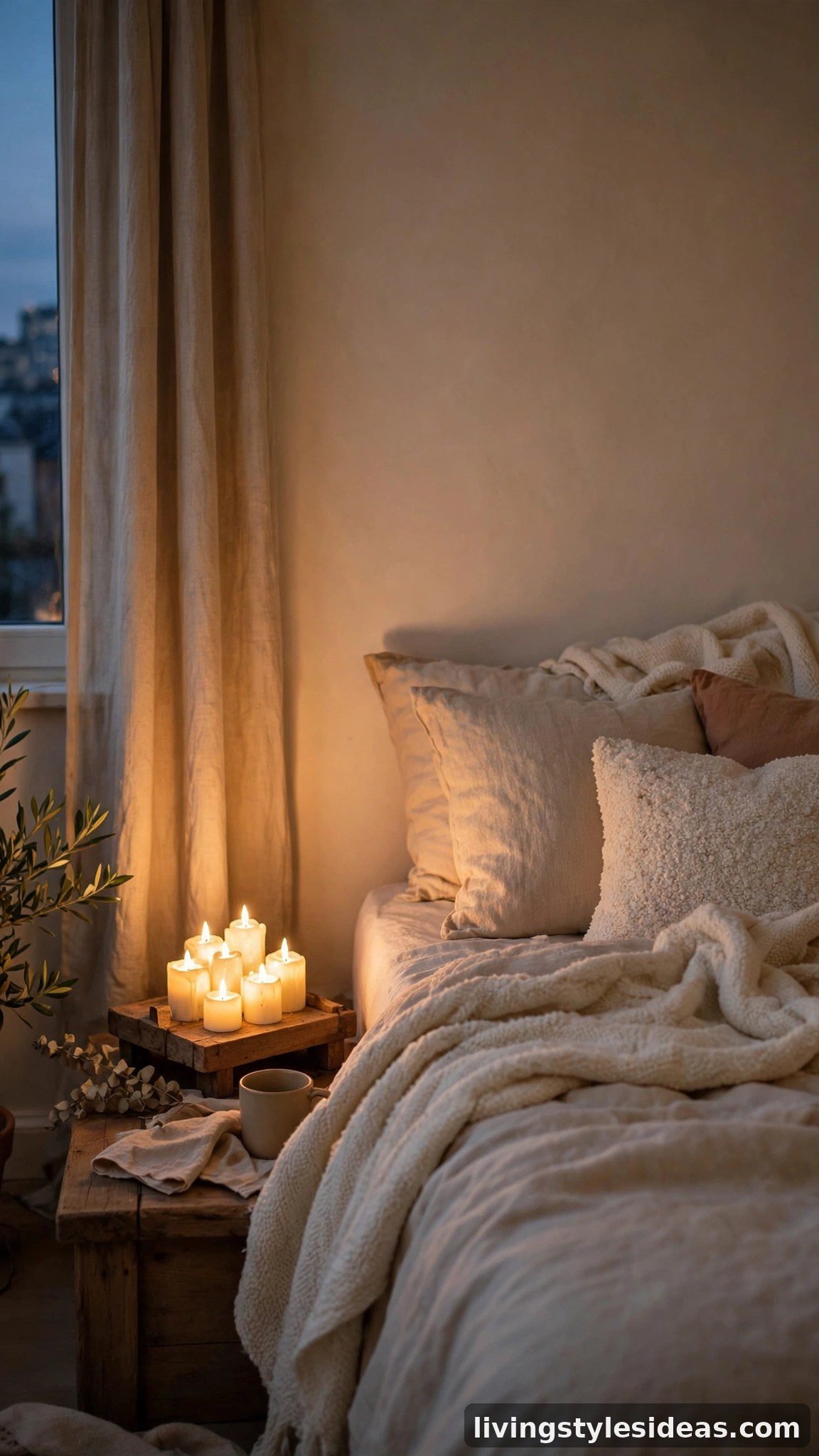 Cozy studio bedroom corner with flickering LED candles creating a warm candlelight glow