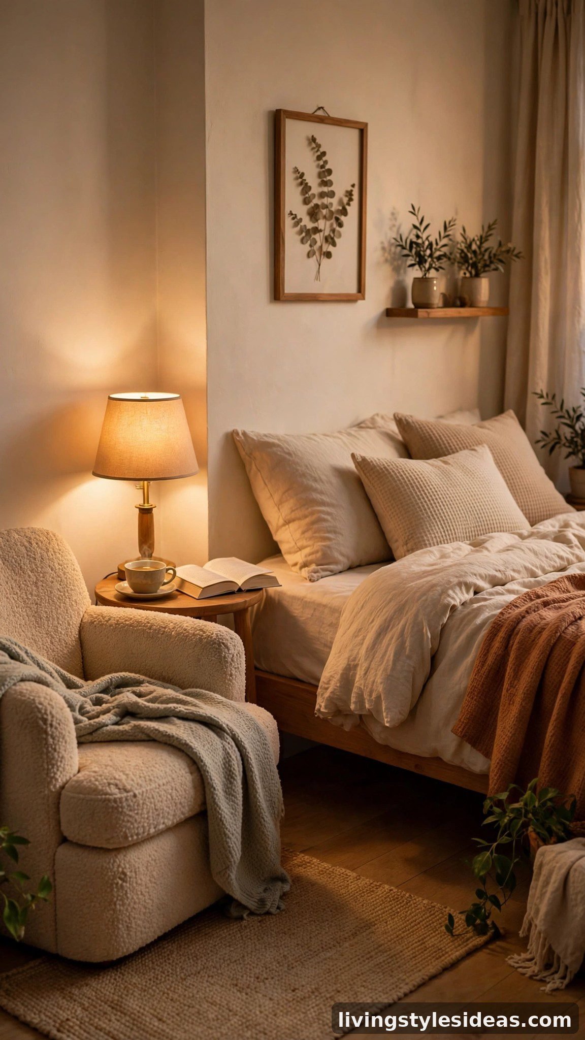 Cozy studio bedroom with a tiny reading nook chair, soft throw and warm lamp beside the bed