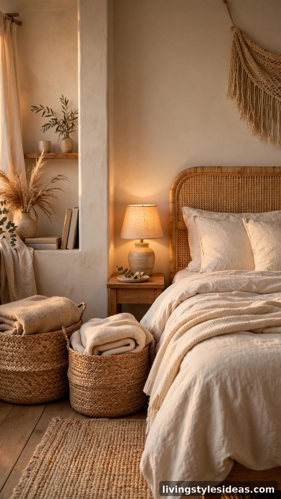 Cozy studio bedroom with woven seagrass baskets storing blankets for warm natural texture