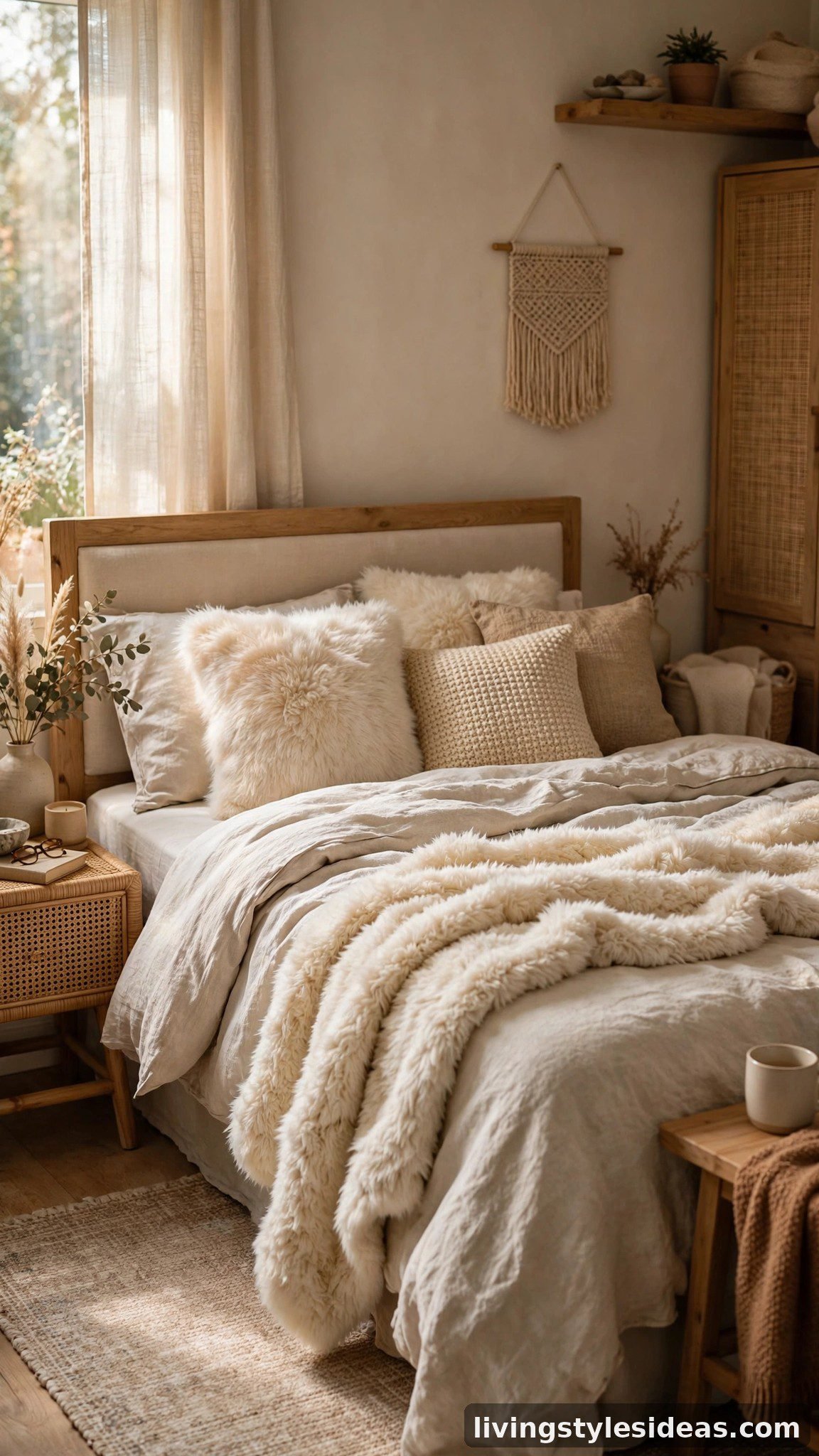 Cozy studio bed styled with faux fur pillows and soft fluffy accents in cream tones