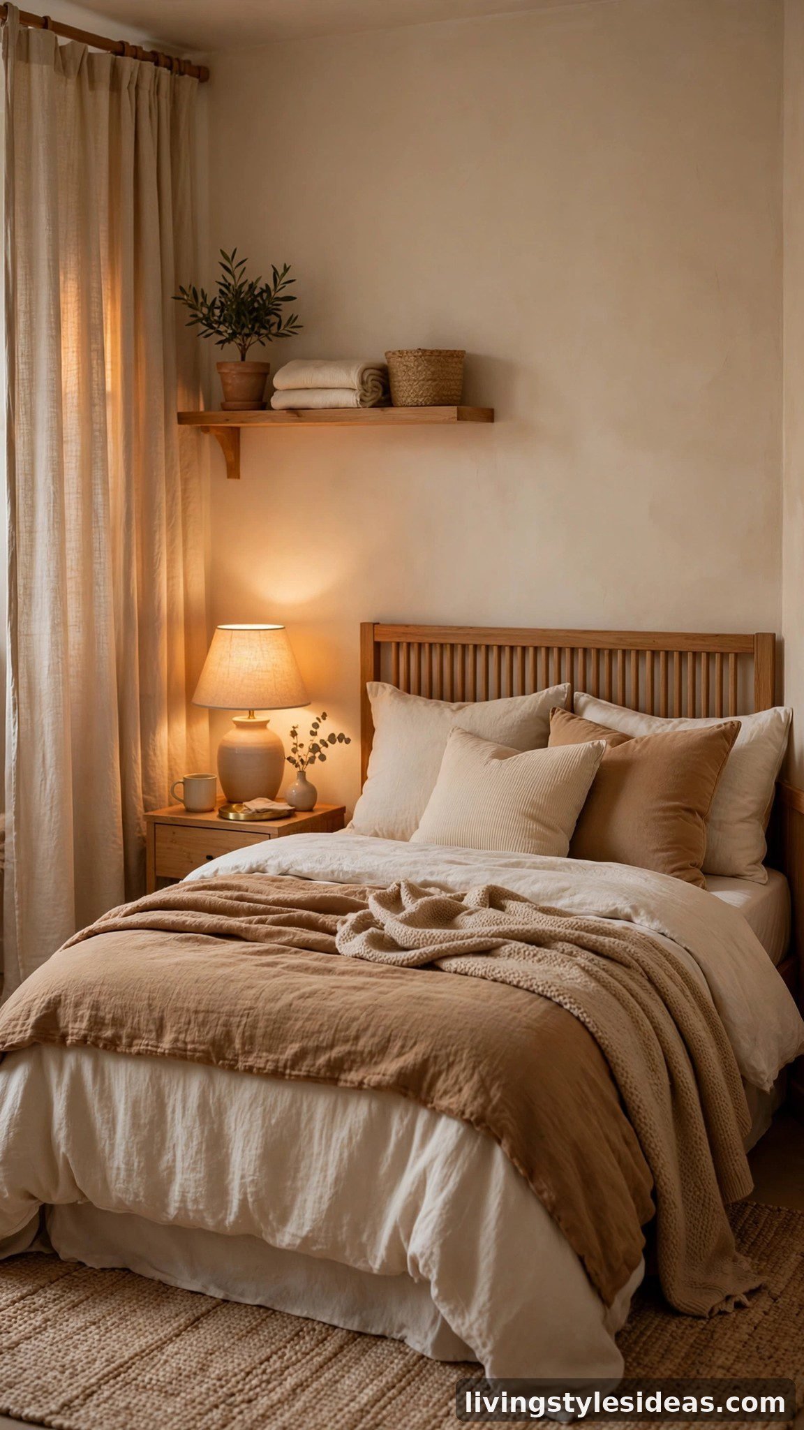 Cozy studio bedroom in a warm neutral palette of cream, beige and soft wood tones