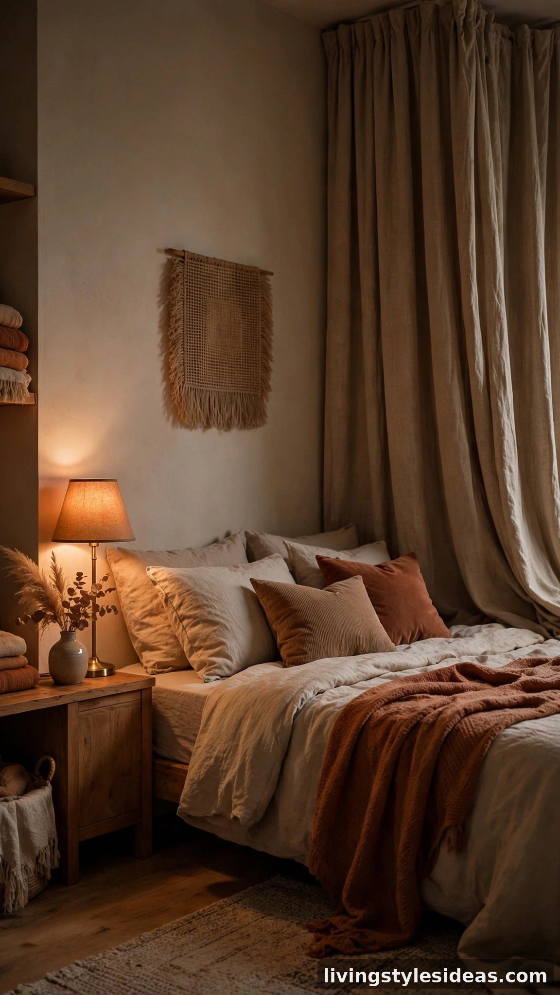 Cozy studio bedroom with warm linen blackout curtains for deep restful sleep