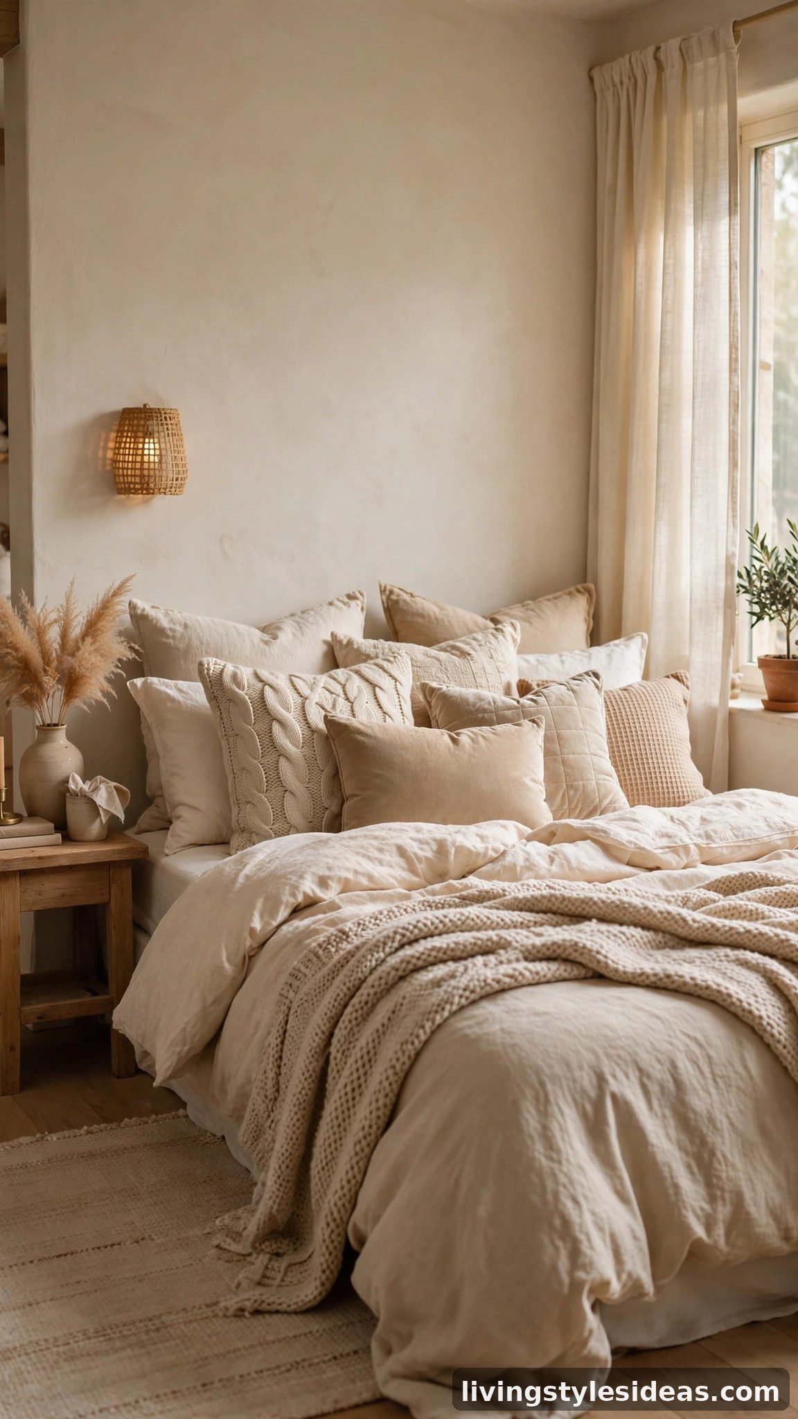Cozy studio bed piled with layered pillows in mixed linen, velvet and knit textiles