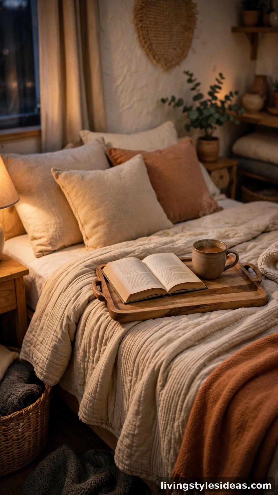 Cozy studio bedroom with a wooden bedside tray holding tea and a book on warm bedding
