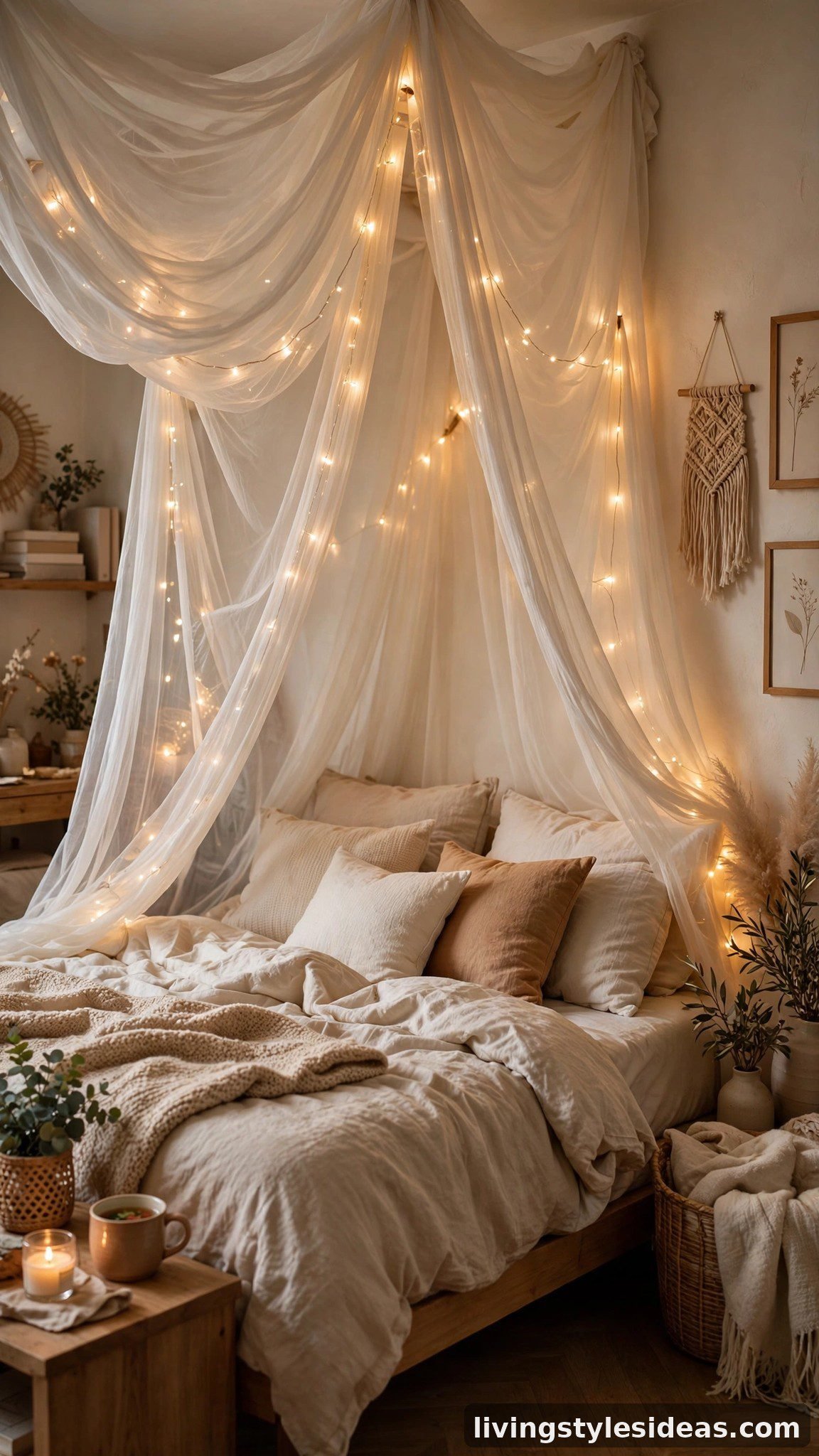 Cozy studio bed with sheer fabric draped above like a soft dreamy canopy with fairy lights