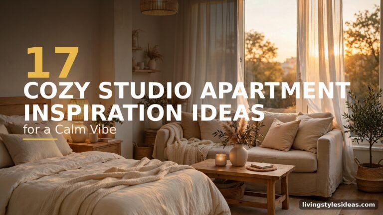 Featured collage-style view of a cozy calm studio apartment in warm neutrals