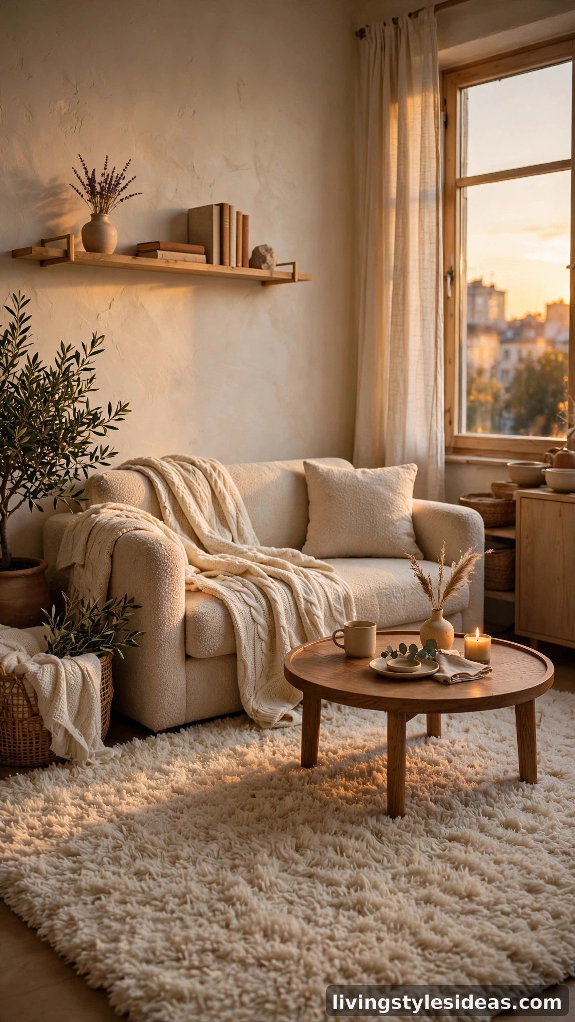 Plush cream area rug anchoring a cozy studio apartment living zone