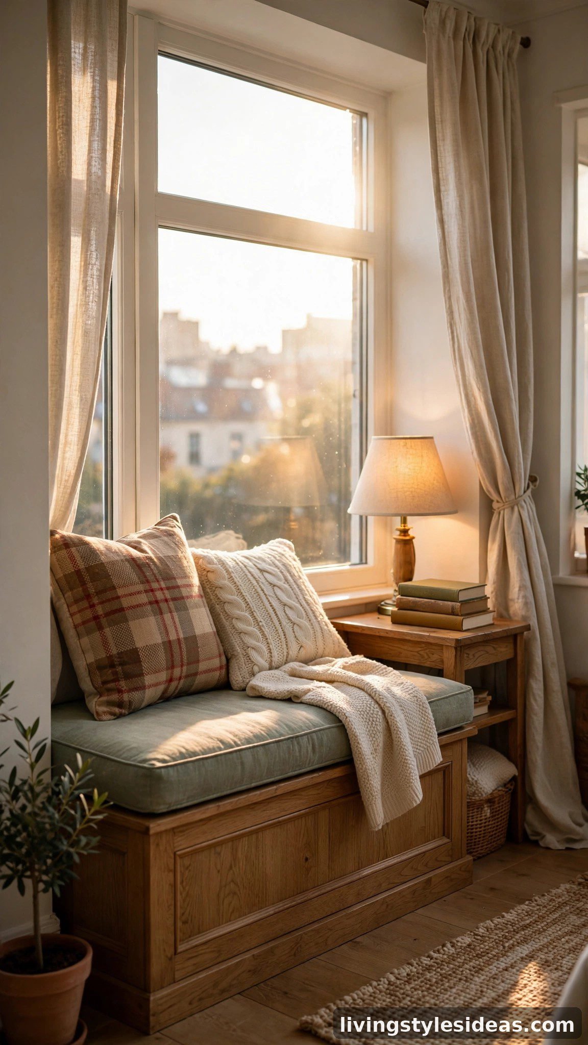 Cozy window reading nook with cushions and books in a studio apartment