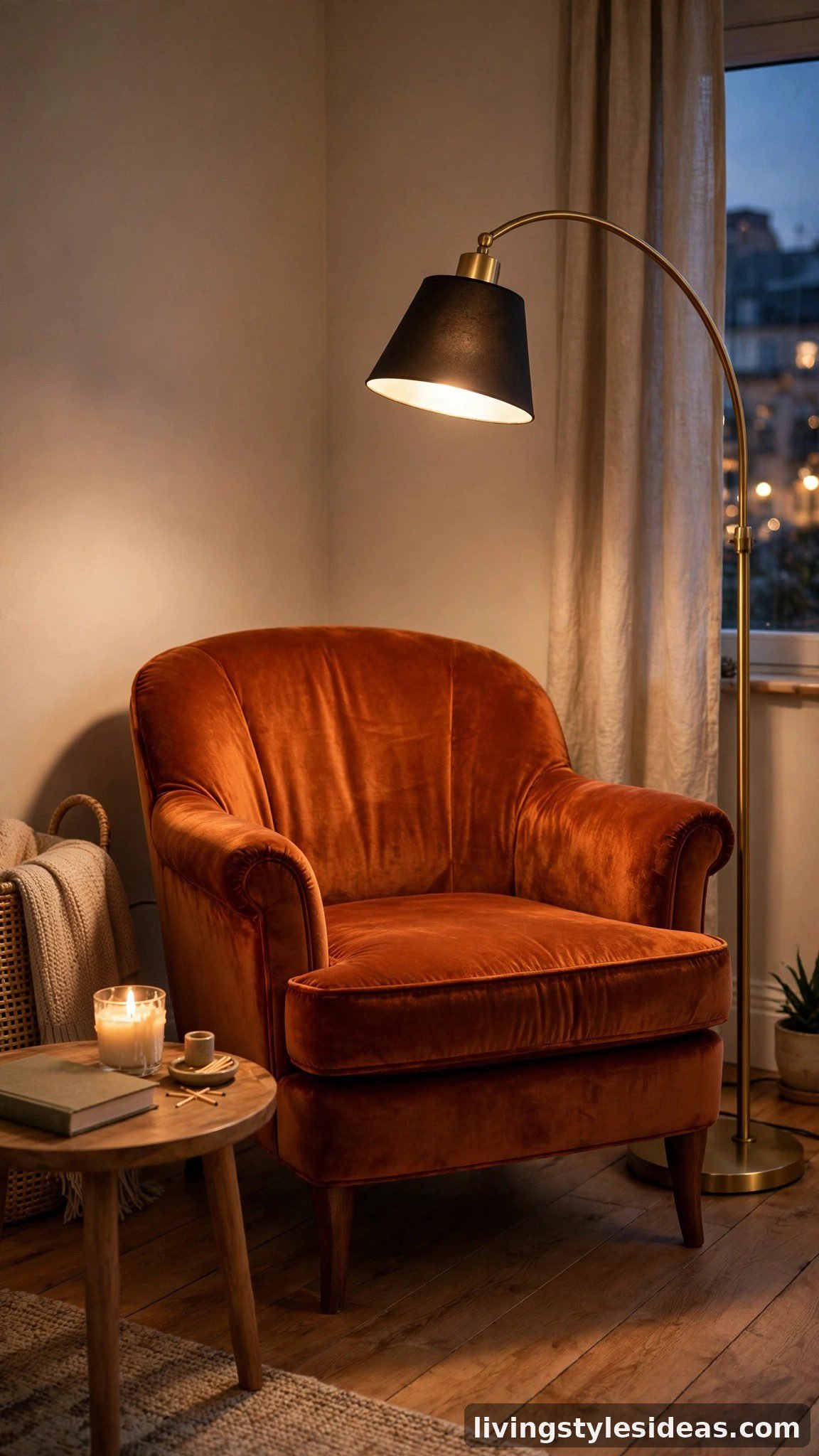 Burnt-orange velvet accent chair with brass floor lamp in a cozy studio corner