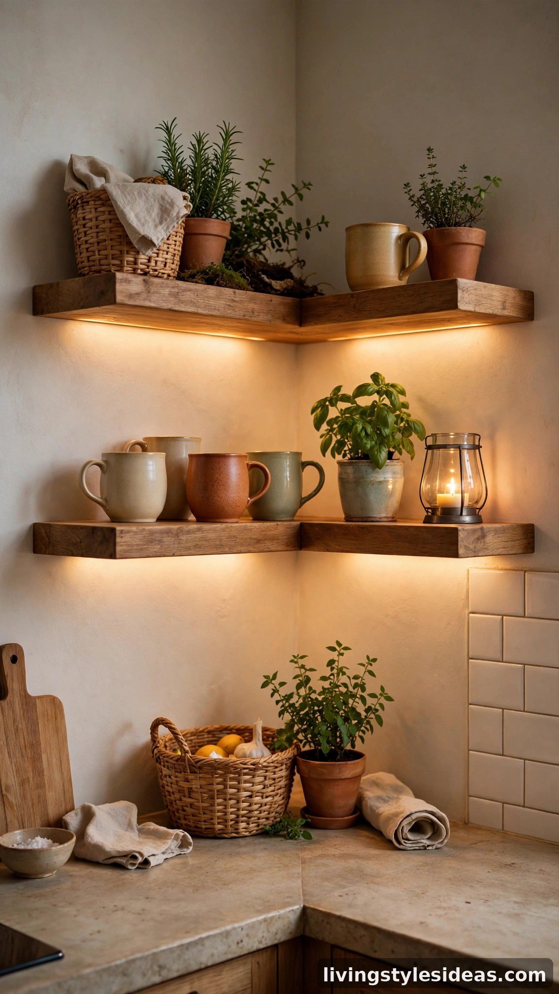 Wooden open shelves styled with warm decor in a cozy studio kitchen corner