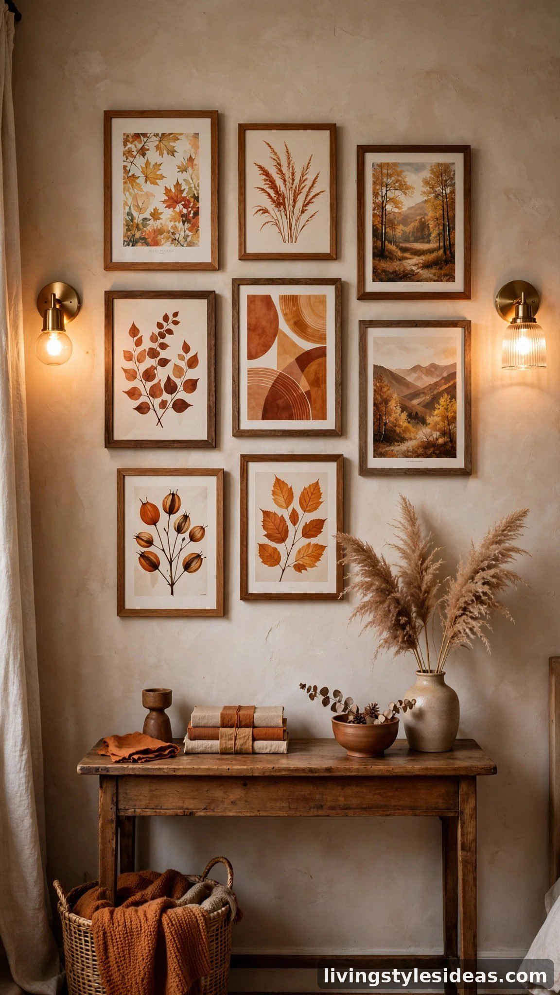 Gallery wall of warm-toned art above a console in a cozy studio apartment