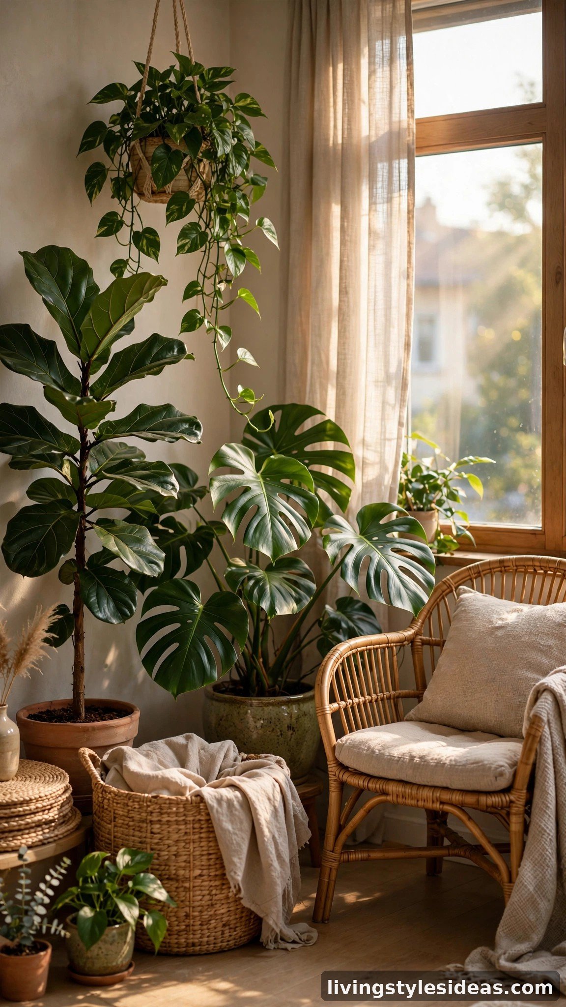 Lush indoor plants brightening a cozy studio apartment corner