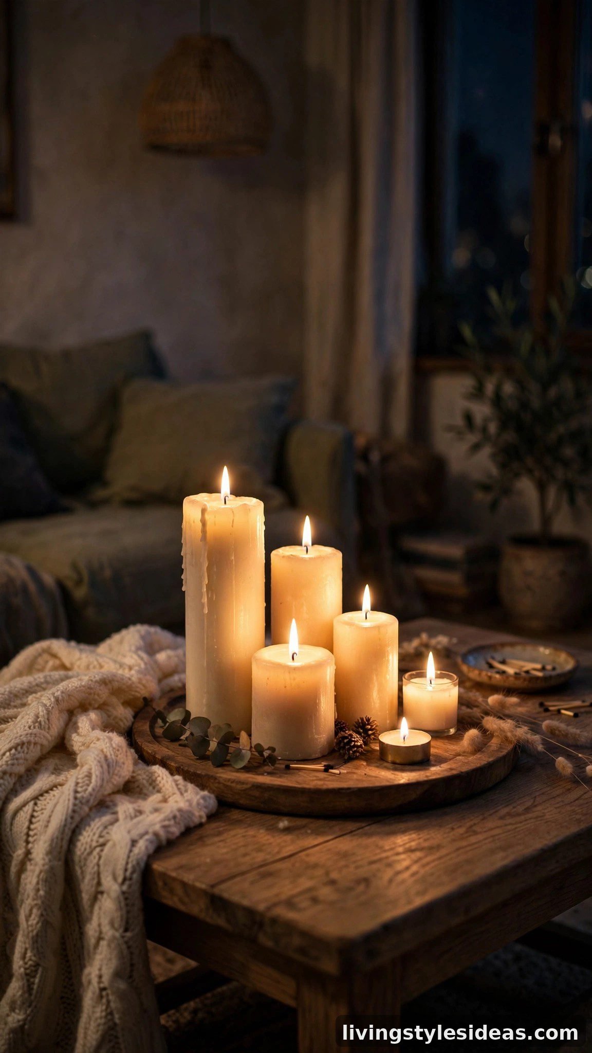 Cluster of lit candles on a wooden tray in a cozy studio apartment