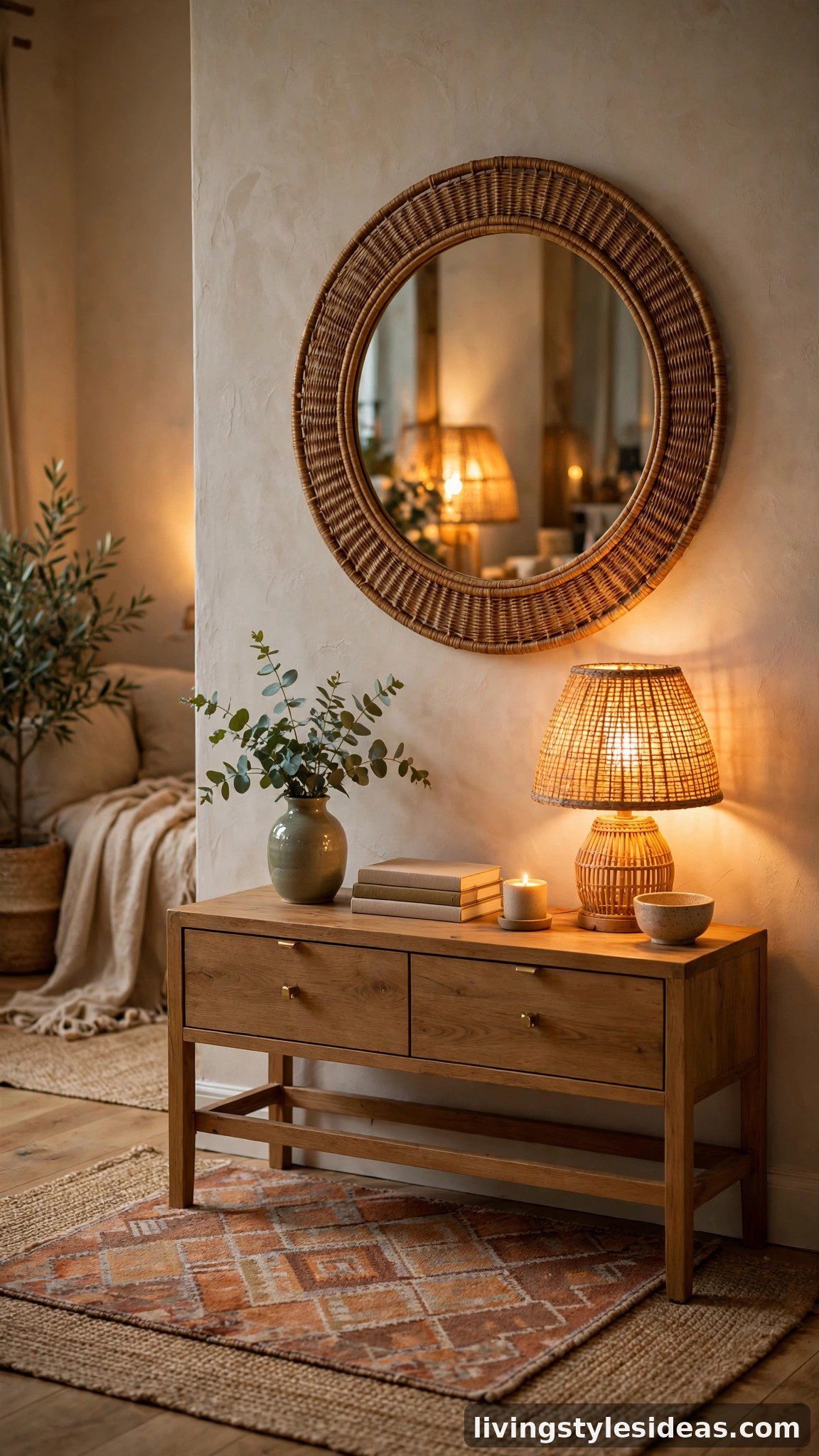 Round rattan mirror reflecting warm light in a cozy studio living area
