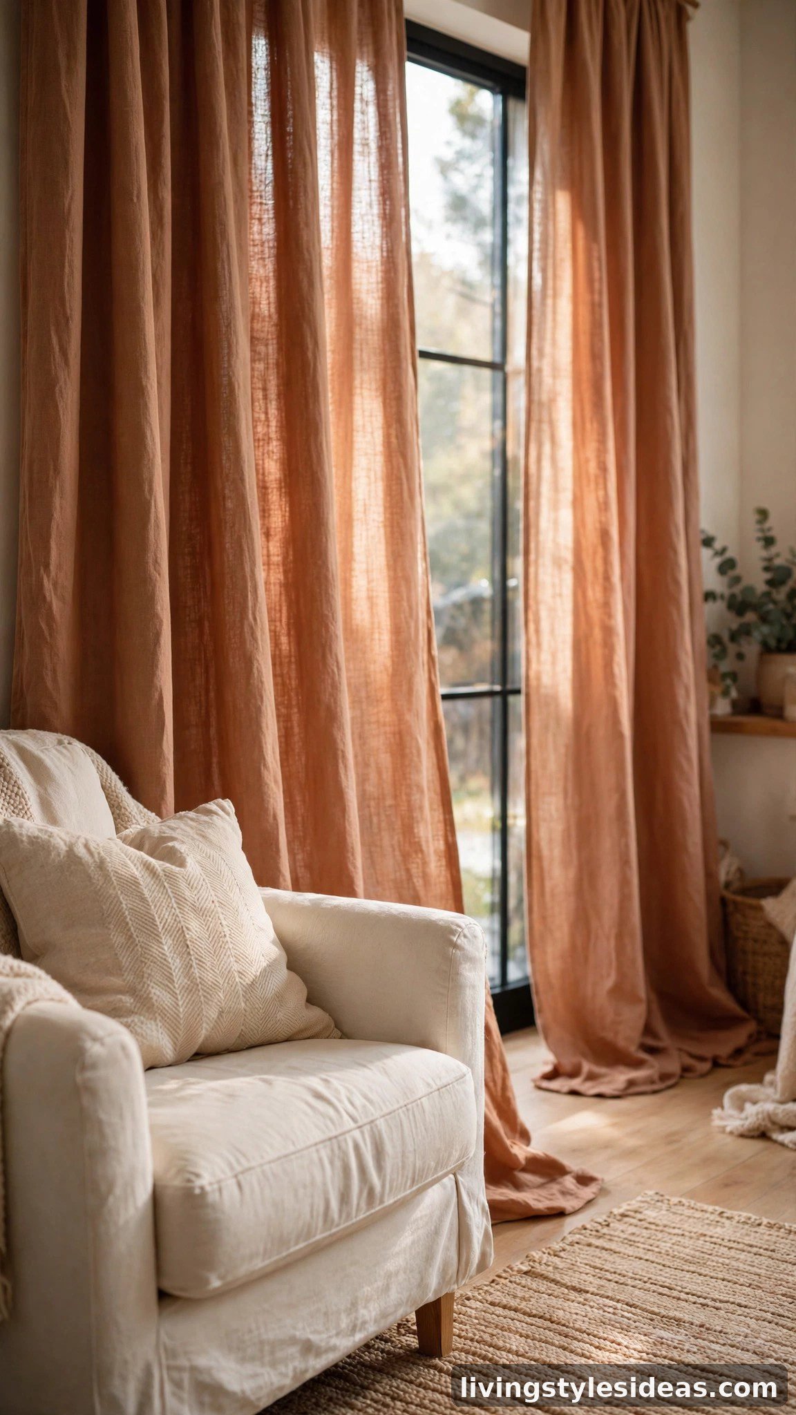 Terracotta linen curtains softening a cozy studio apartment window