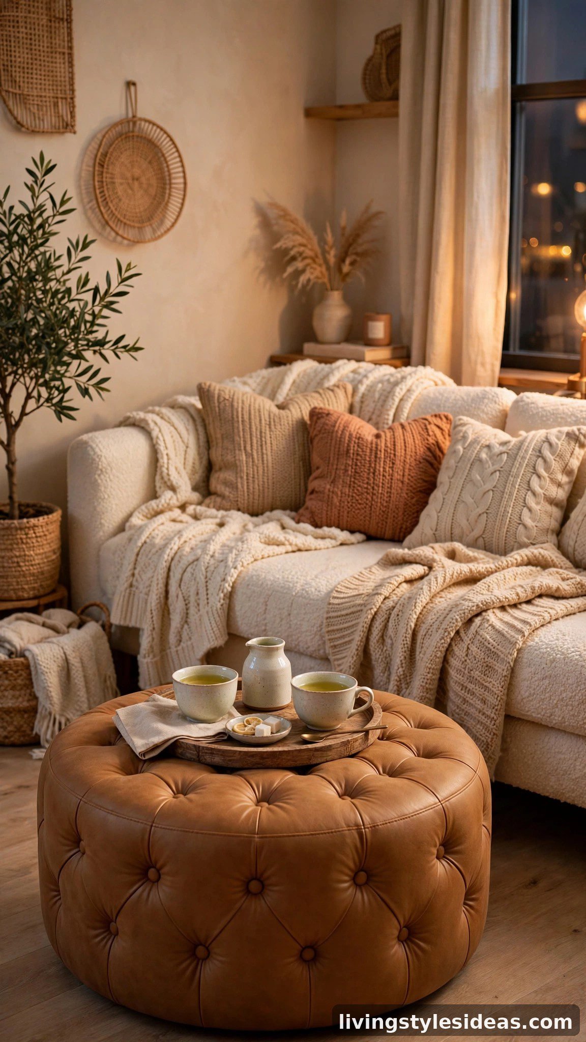 Caramel tufted ottoman styled as a coffee table in a cozy studio apartment