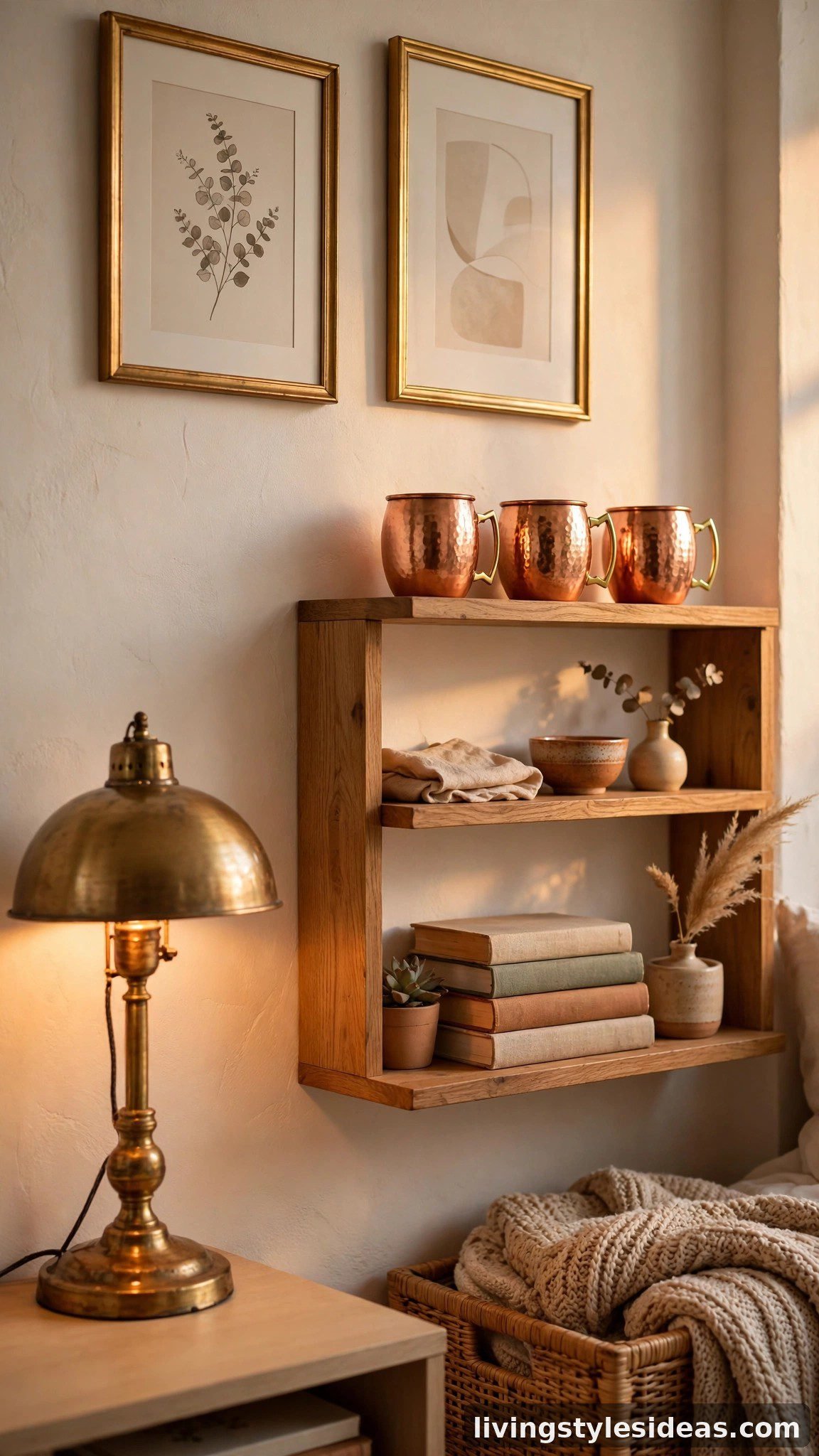 Brass and copper accents adding warmth to a cozy studio apartment interior